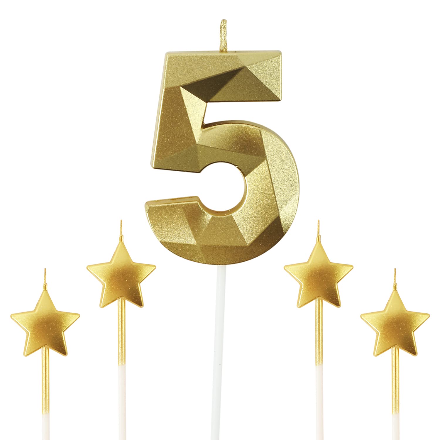 Golden Number 5 Birthday Candles & 3D Star Candles - 2.76 Inch Diamond Shaped Cake Decorations for Birthday Parties, Anniversaries, Baby Showers & Special Celebrations (Gold)