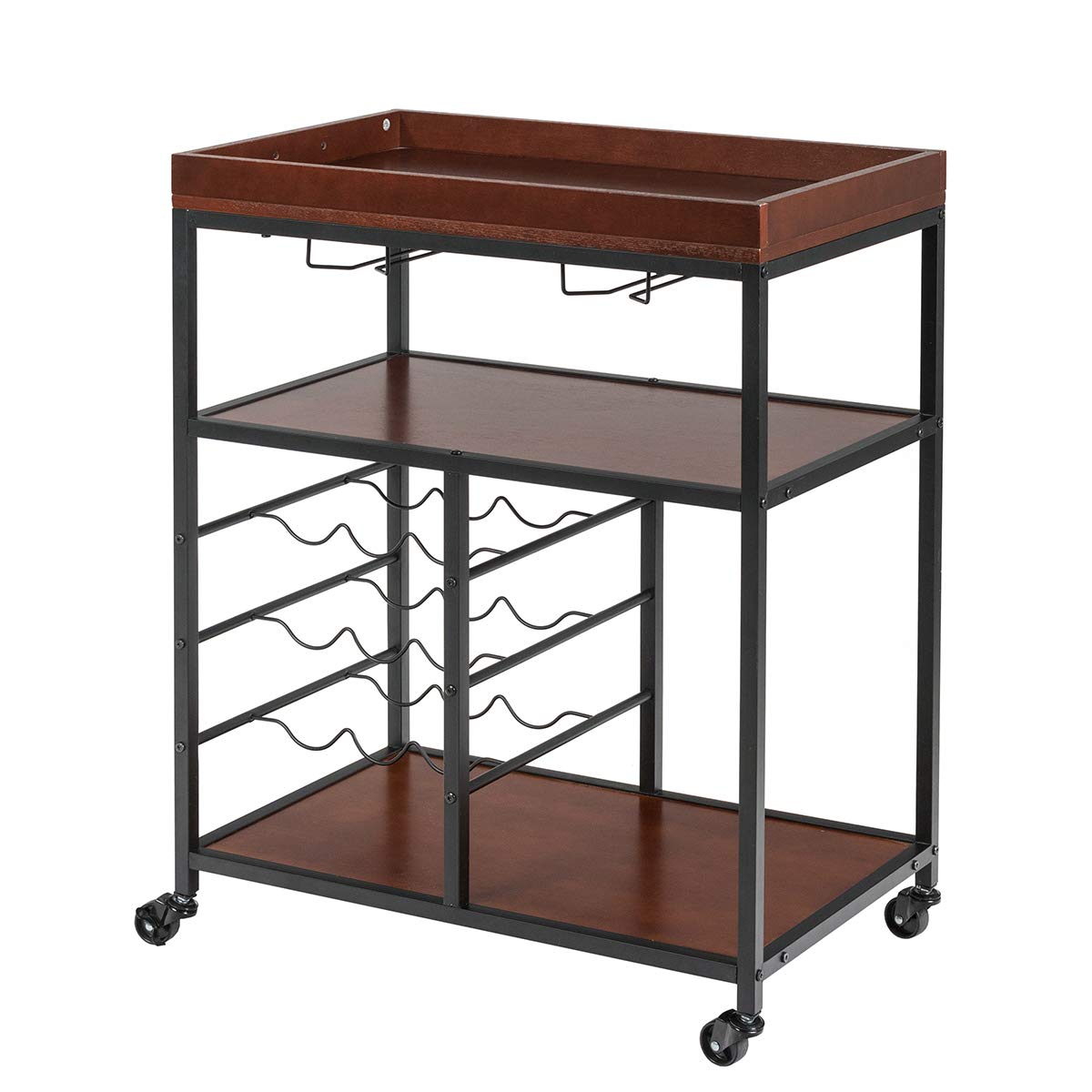 Giantex 3-Tier Rolling Kitchen Island Cart with Wine Rack & Glasses Holder - Industrial Style Serving Cart, Utility Cart with Metal Frame & Casters, Rustic Brown - Perfect for Small Kitchens, Dining Rooms & Home Bars