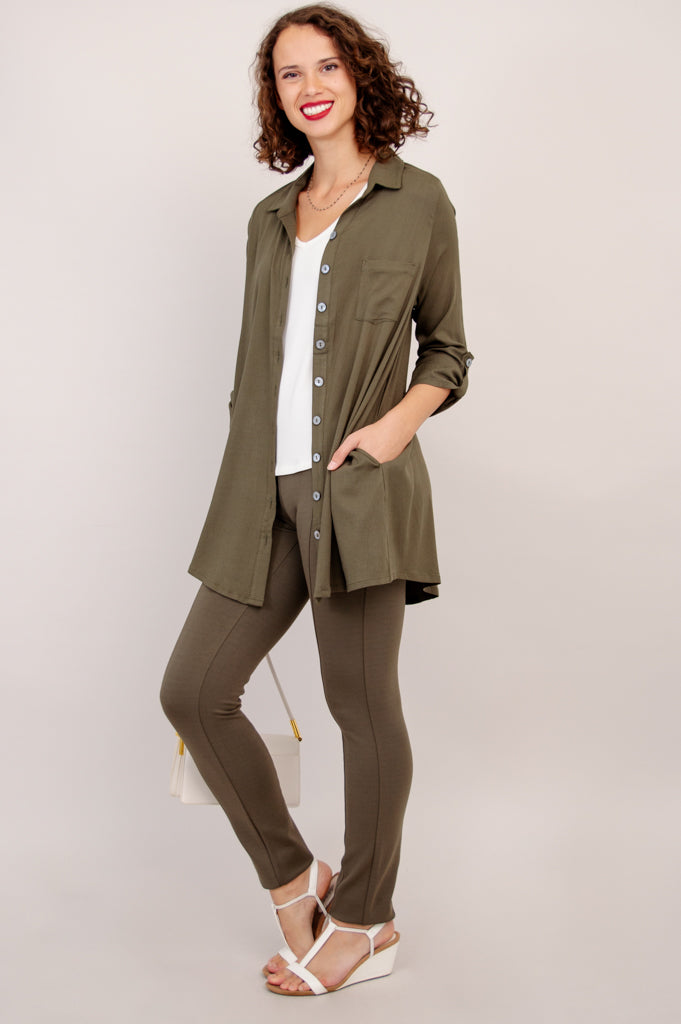 Celine Women's Khaki Linen Bamboo Blouse - Elegant Casual Shirt for Work, Office, and Summer Outfits