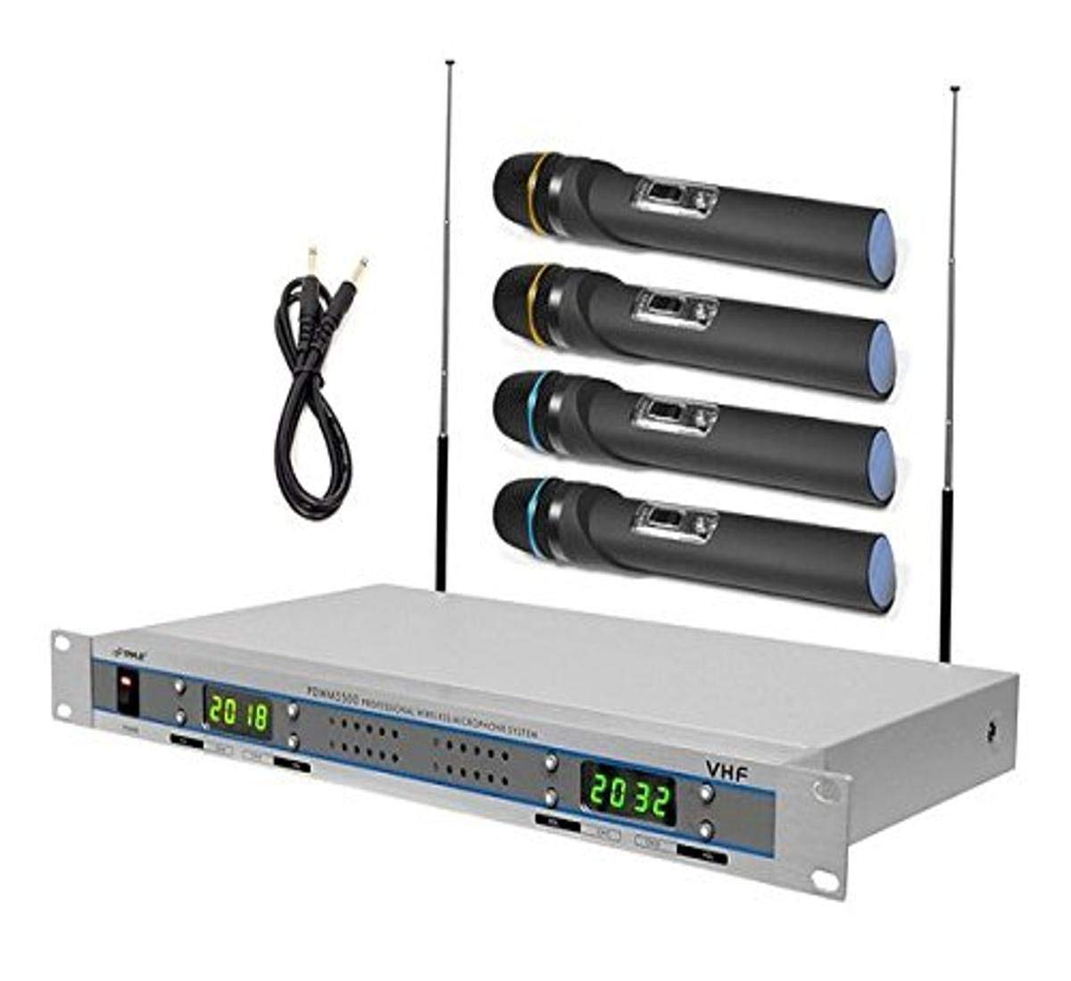 Pyle PDWM5500 Professional VHF Wireless Microphone System with 4 Handheld Mics - Ideal for Karaoke, Live Performances & Public Speaking Events