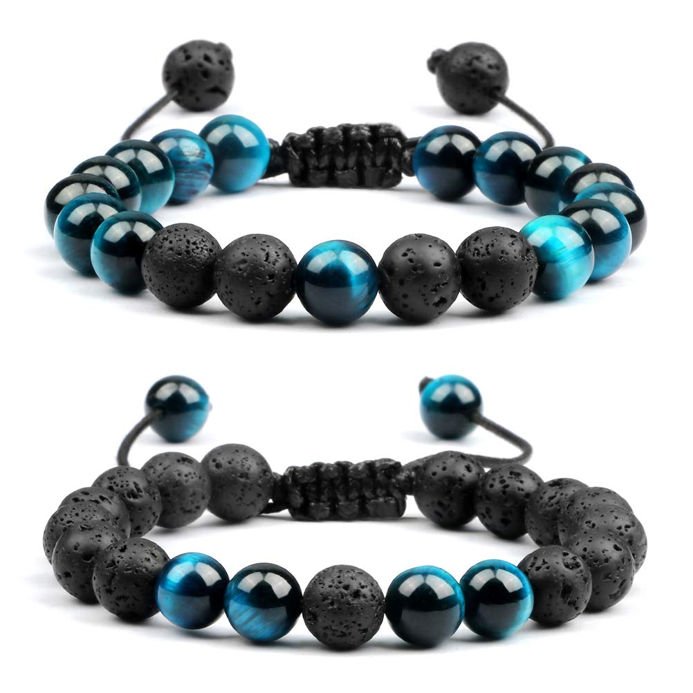 Natural Tiger Eye Lava Rock Bracelet for Men & Women - 8mm Adjustable Beaded Aromatherapy Essential Oil Diffuser Bracelet - Spiritual Healing Jewelry Gift for Yoga, Meditation & Stress Relief