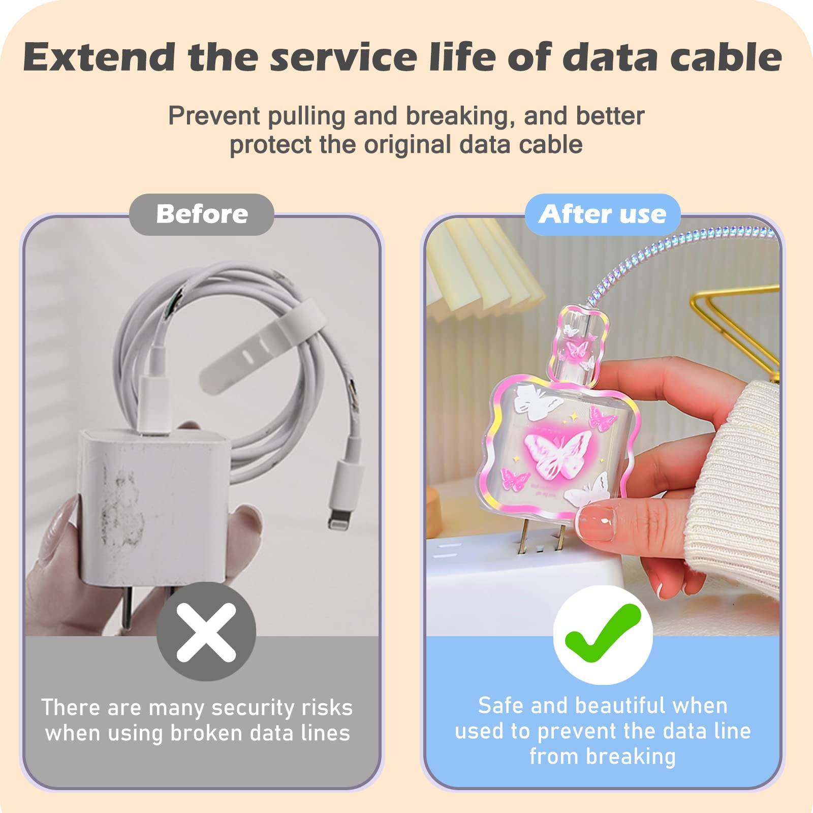 Pink Butterfly Cable Protector for iPhone Charger - Cute Waves Design USB Cord Saver Compatible with iPhone 11/12/13/14 Pro Max Plus - Perfect for Home, Office & Travel Use