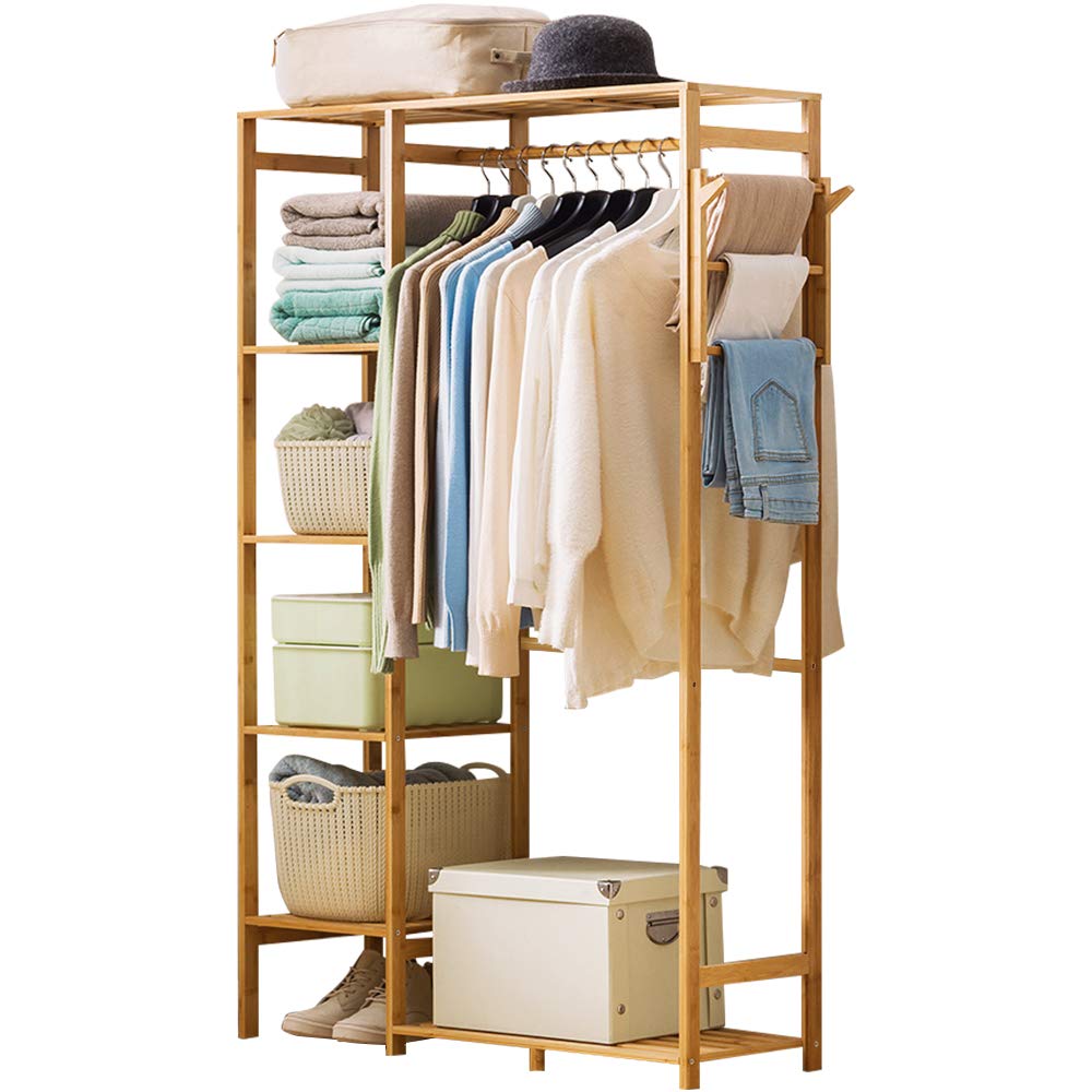 Ufine 6-Tier Bamboo Garment Rack with Side Hooks | Heavy Duty Clothes Hanging Storage Shelf | Portable Wardrobe Organizer for Bedroom, Closet & Laundry Room | Space-Saving Clothing Rack for Dorm, Apartment & Home Organization