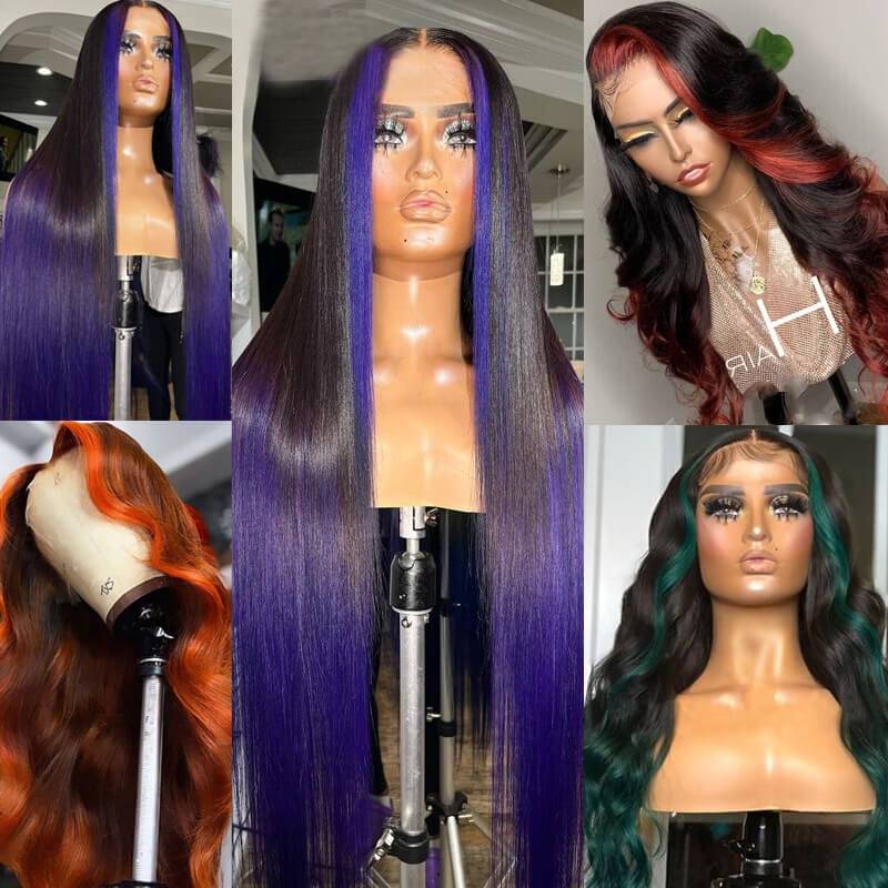 Eullair 13x4 Lace Front Wig - Colored Skunk Stripe Ombre Body Wave Human Hair (Perfect for Cosplay, Halloween & Daily Fashion)