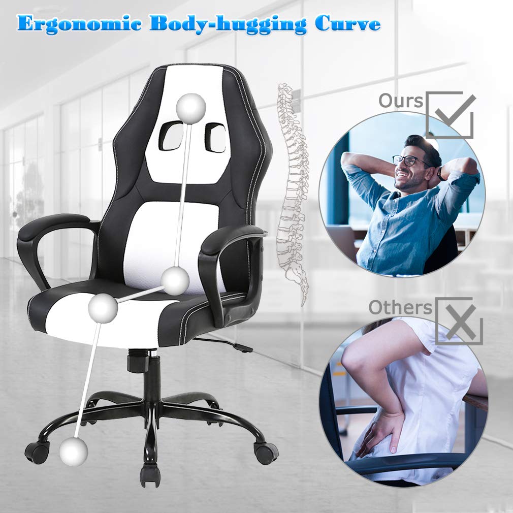 Ergonomic PU Leather Office Chair - Adjustable PC Gaming & Executive Desk Chair with Lumbar Support for Women & Men - White (Home Office, Gaming Setup, Workstation)
