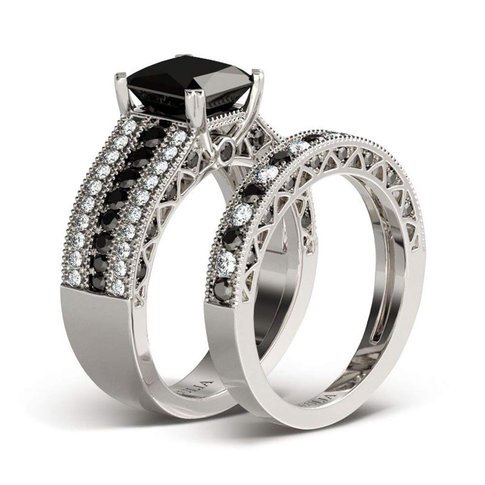 Jeulia 3.6 Carat Princess Cut Sterling Silver Black Stone Wedding Band Ring Set - Anniversary & Valentine's Day Gift for Wife, Girlfriend with Jewelry Box - Perfect for Proposals, Engagements & Romantic Occasions