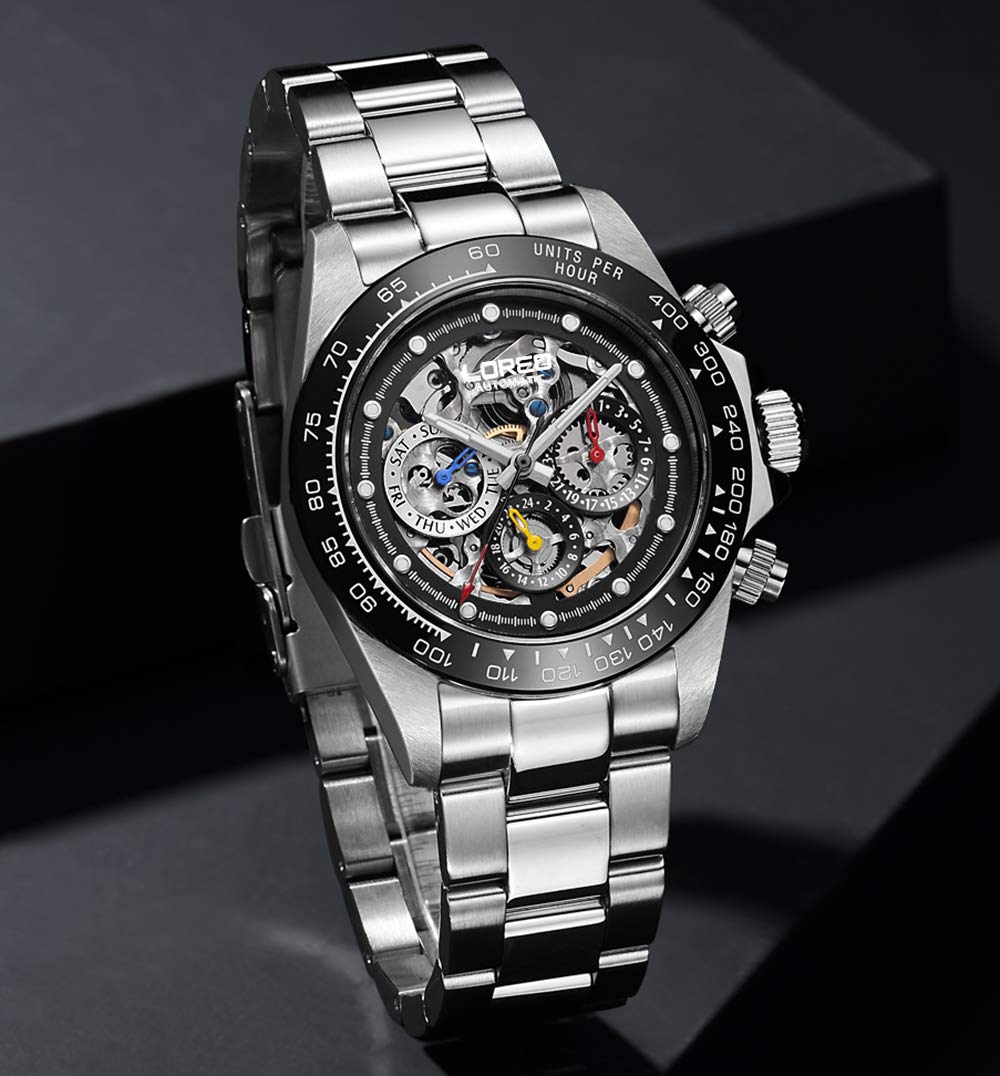LOREO Men's Automatic Watch - Silver Stainless Steel, Sapphire Crystal, Ceramic Bezel, Date Display, Military Diving Watch, Waterproof 200M - Perfect for Outdoor Adventures, Scuba Diving & Everyday Wear