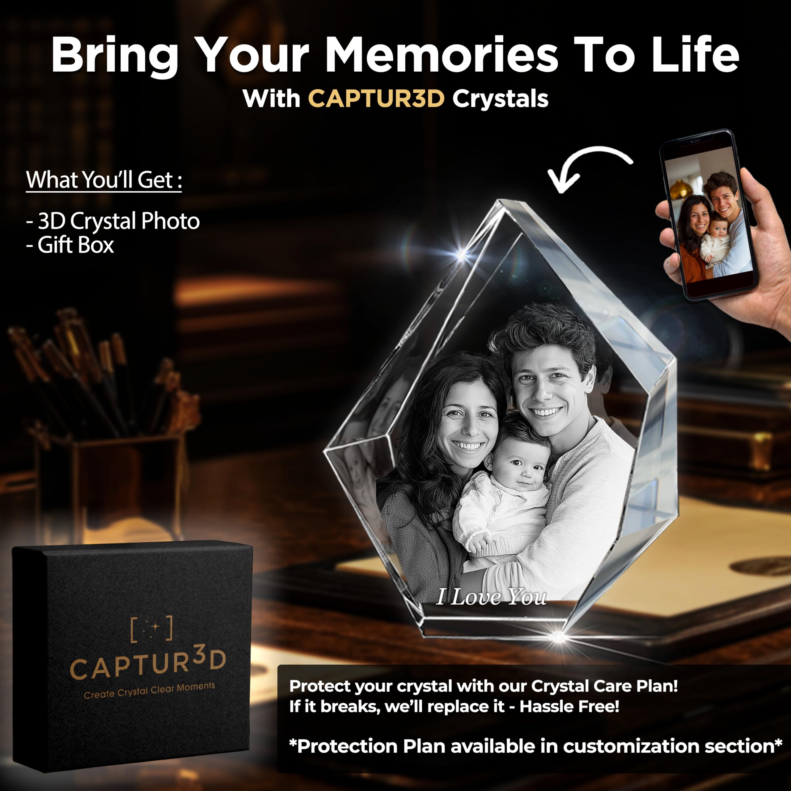 CAPTUR3D Personalized 3D Crystal Photo Gift - Custom Laser Etched Crystal with Your Photo - Perfect Mother's Day, Birthday & Anniversary Present for Mom, Wife & Women - Memorial Keepsake for Special Occasions - Home Decor & Office Display