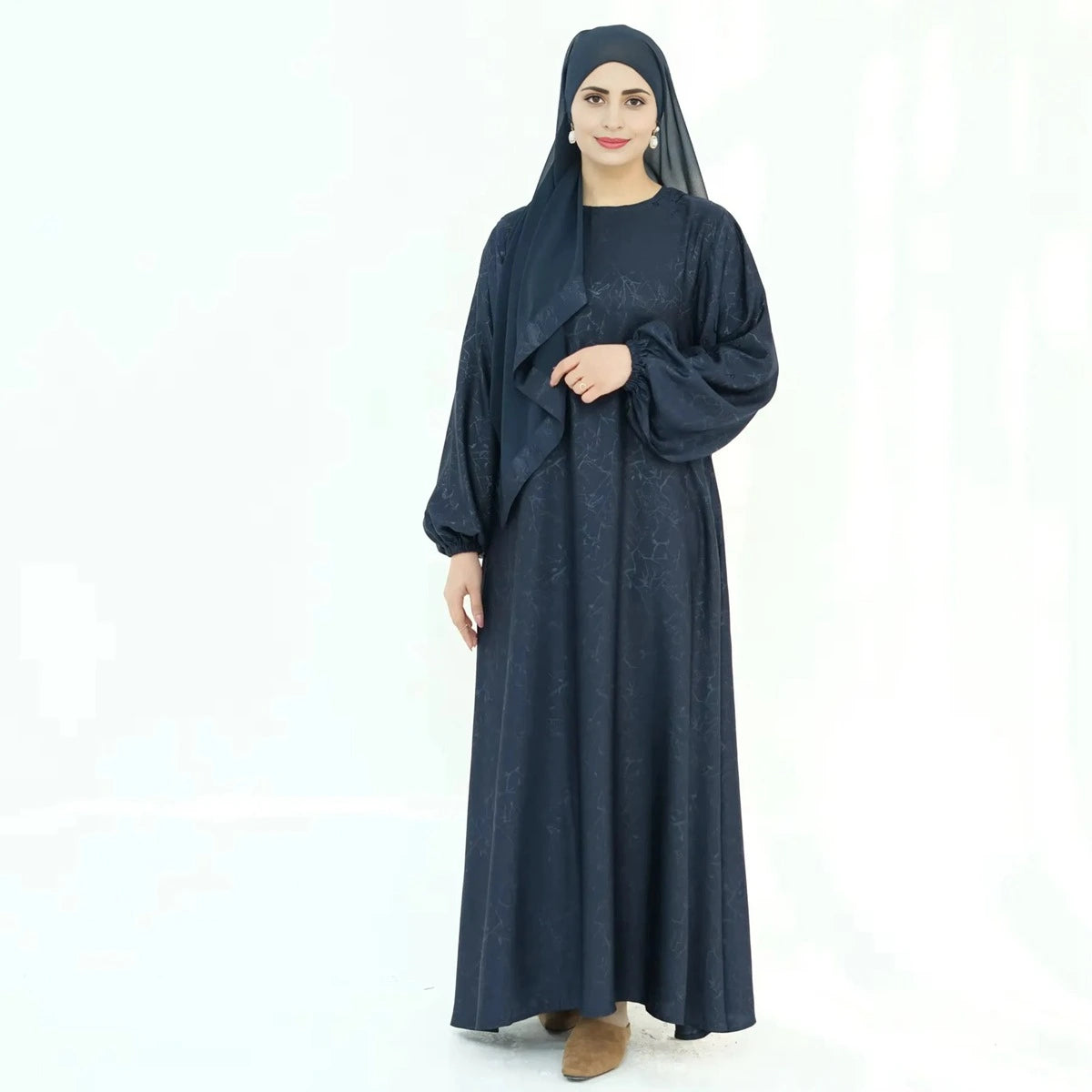 Elegant 3D Jacquard Satin Abaya Dress #24009 - Modest Islamic Women's Prayer Dress for Special Occasions & Evening Events