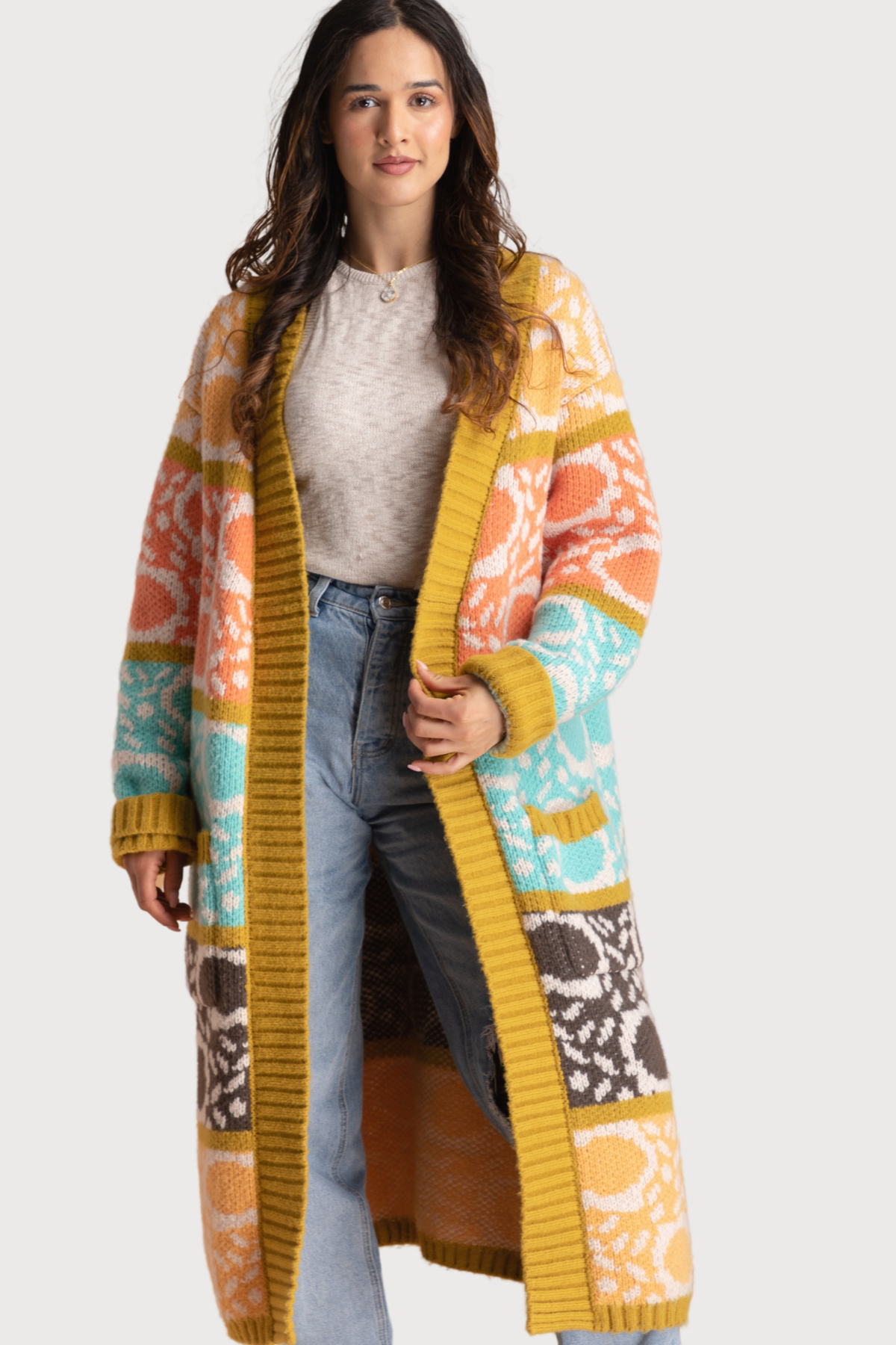 Carina Multi Long Knit Kimono - Lightweight Open Front Cardigan for Women, Boho Chic Lace Trim Cover Up, Perfect for Beach, Vacation & Lounge Wear