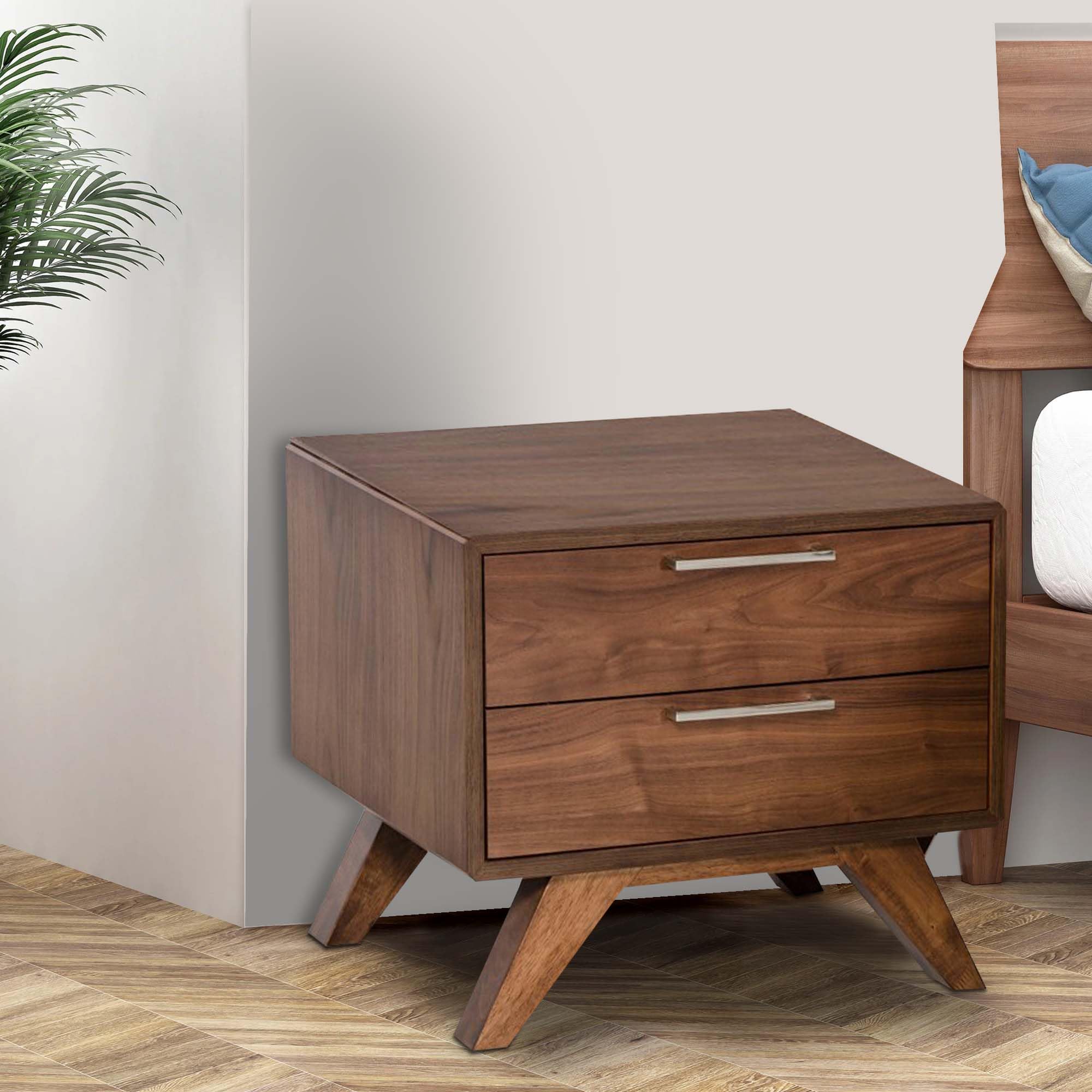 Benjara 2-Drawer Wooden Nightstand with Metal Bar Handles & Angled Legs - Brown Finish Bedside Table for Bedroom, Living Room, or Office
