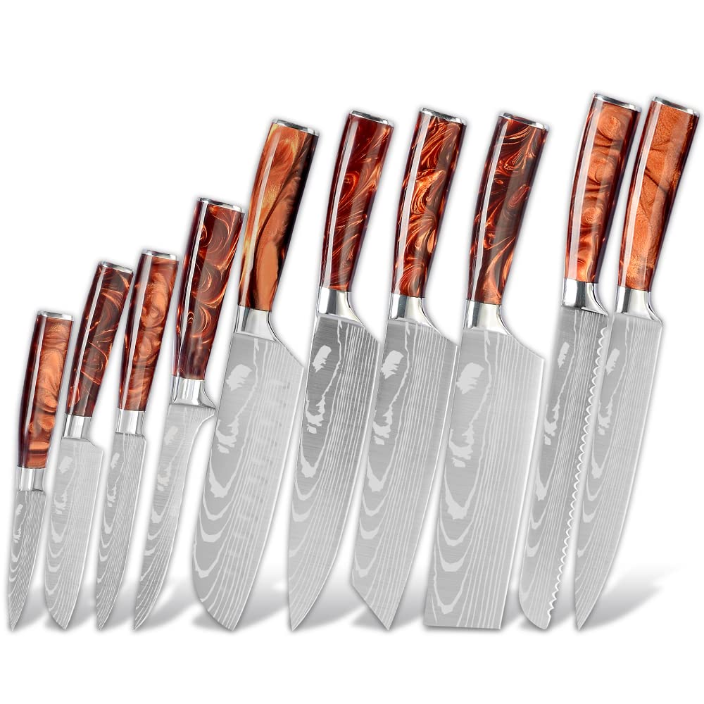 10-Piece Professional Kitchen Knife Set - Stainless Steel Damascus with Laser Pattern - Japanese Chef, Slicing, Bread & Santoku Knives - Perfect for Home Cooking, Restaurant Use & Gift Giving