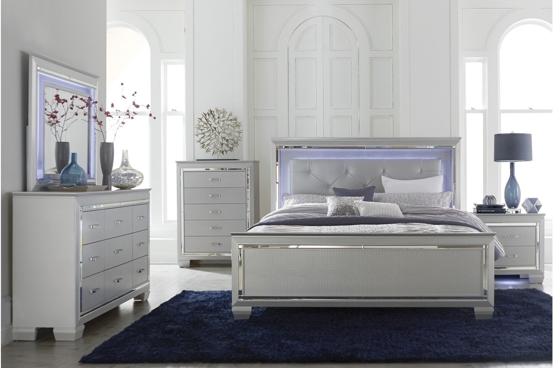 Allura Silver Bedroom Collection - Modern Luxury Bedroom Furniture Set with Dresser, Nightstand & Mirror | Perfect for Master Bedroom, Guest Room & Apartment Decor