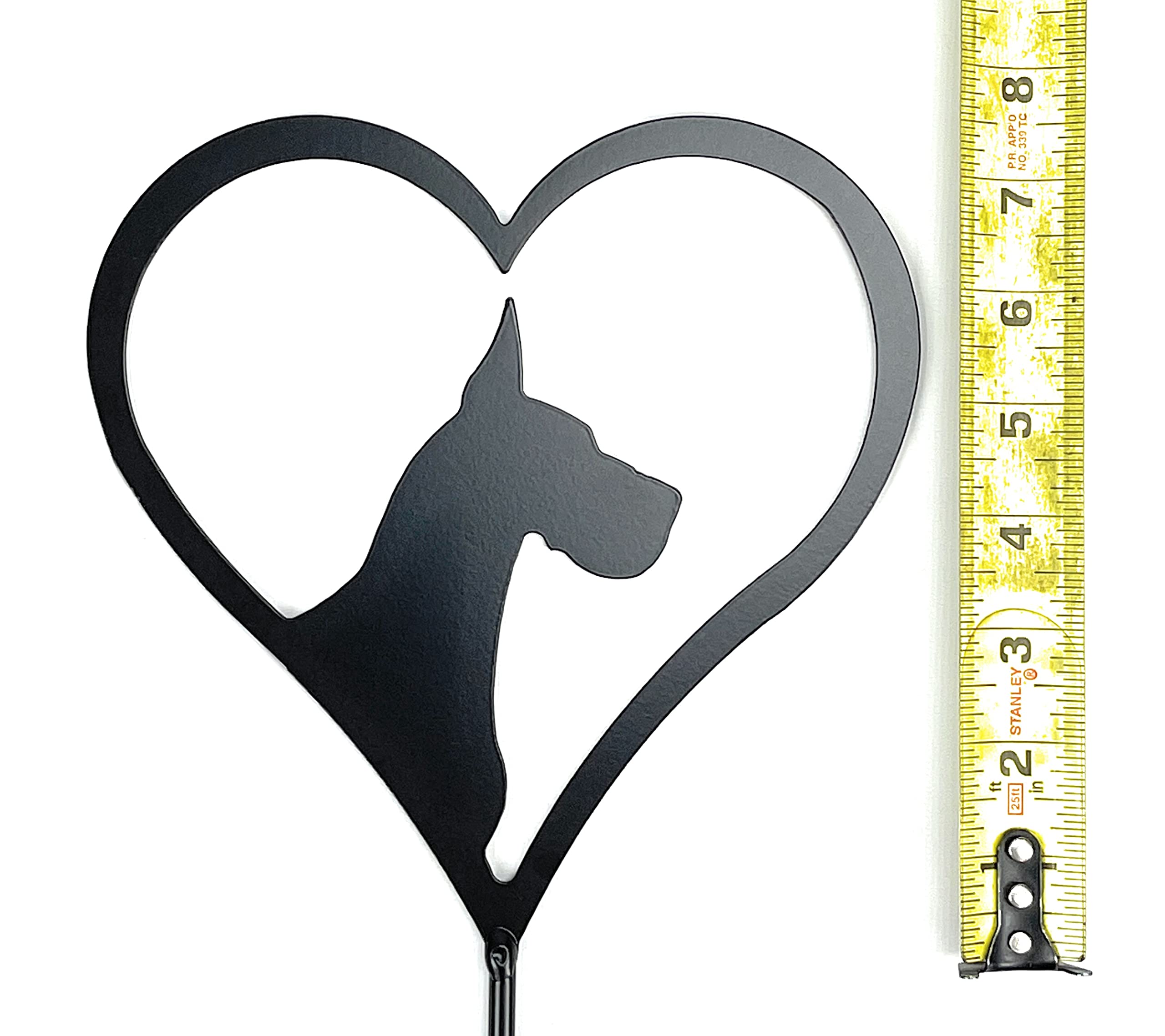 Great Dane Silhouette Metal Art - Heart Shaped Powder Coated Black Yard Stake, Grave Marker, Garden Decoration, Pet Memorial Gift