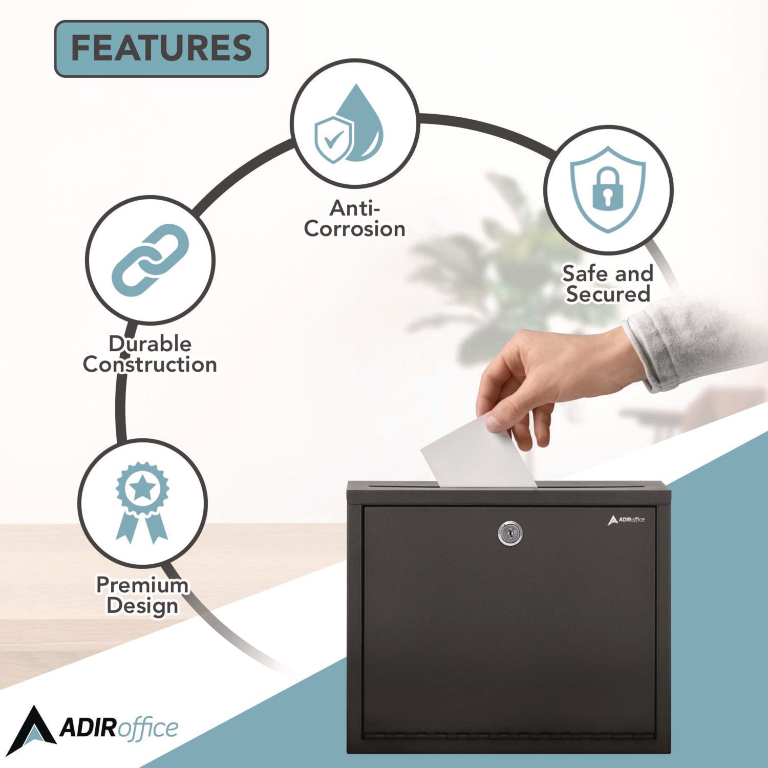 AdirOffice Large Secure Drop Box - 12 x 3 x 10 Inch Steel Locking Mailbox for Office, Home & Business - Black Multi-Purpose Deposit Box for Documents, Packages & Valuables (Ideal for Mailrooms, Reception Areas & Secure Storage)