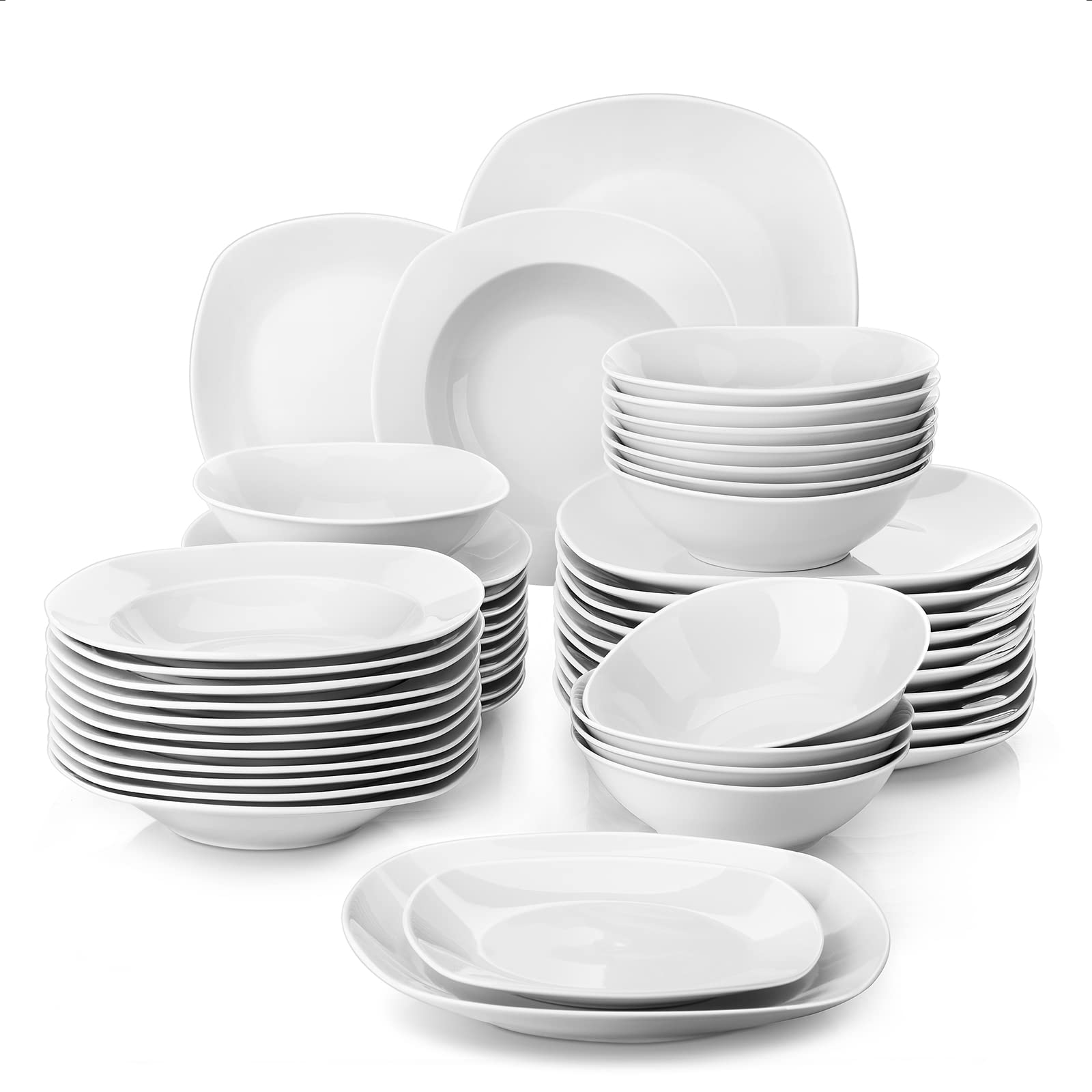 MALACASA 48-Piece Square Dinnerware Set - Gray & White Porcelain Plates and Bowls for 12 People | Lightweight Dish Set for Everyday Dining, Parties & Restaurant Use | Elisa Series Dinnerware Collection