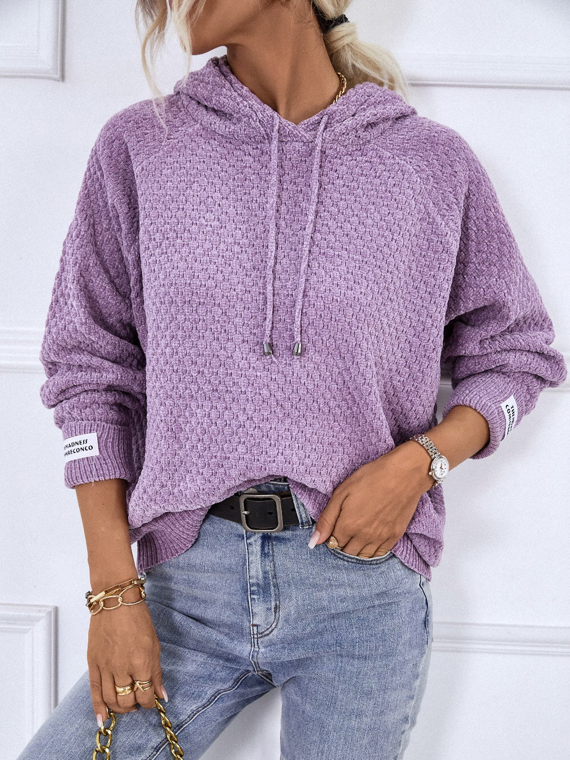 Soft Textured Drawstring Long Sleeve Hooded Sweater for Women - Cozy Pullover Knit Top for Fall & Winter Layering, Casual Outfits and Outdoor Activities