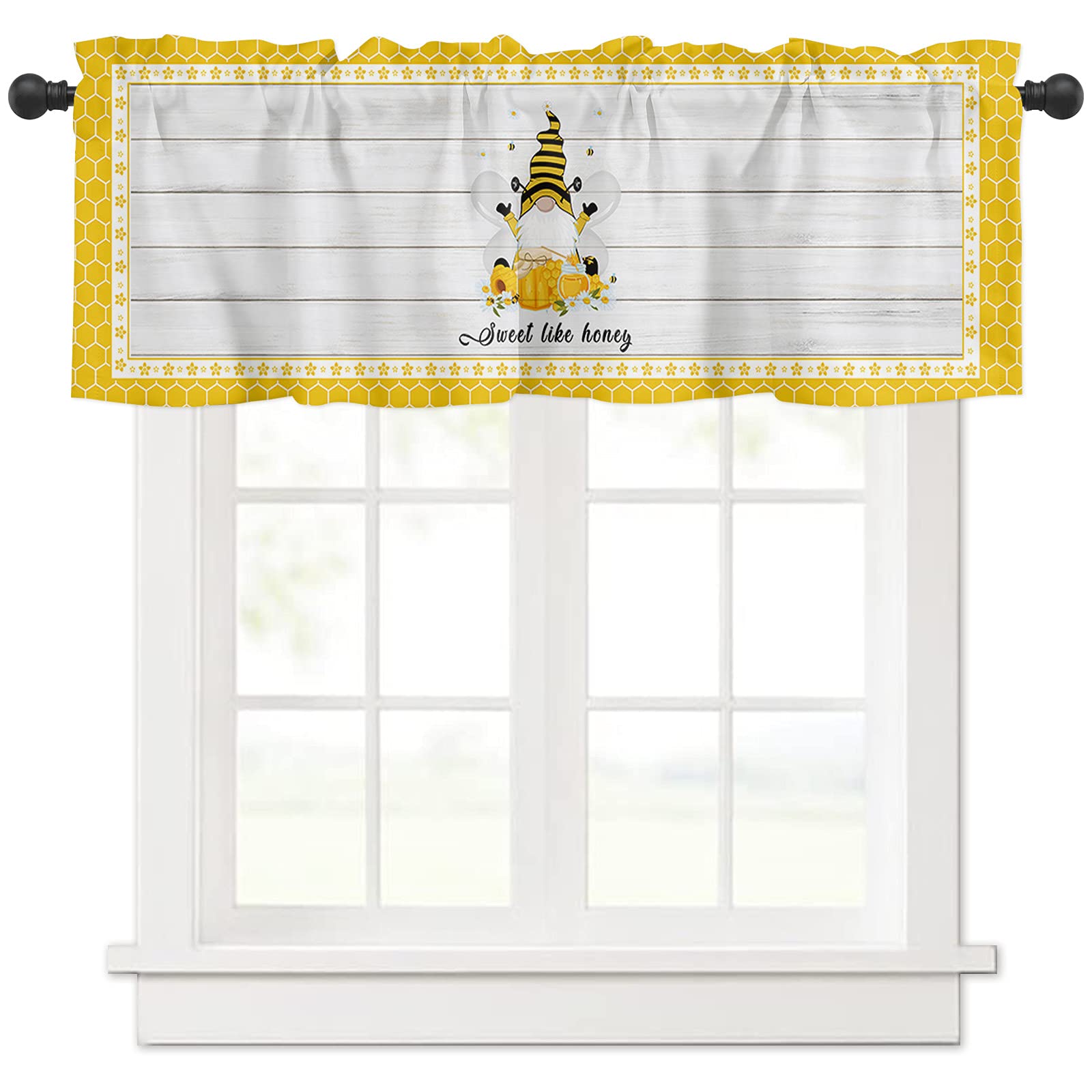 Bee Gnome Window Treatment Panels - Light Filtering Valances & Drapes for Living Room, Bedroom, Kitchen - 54x18 Inch Honeycomb Geometric Design - Perfect for Home Decor & Hotel Room Styling