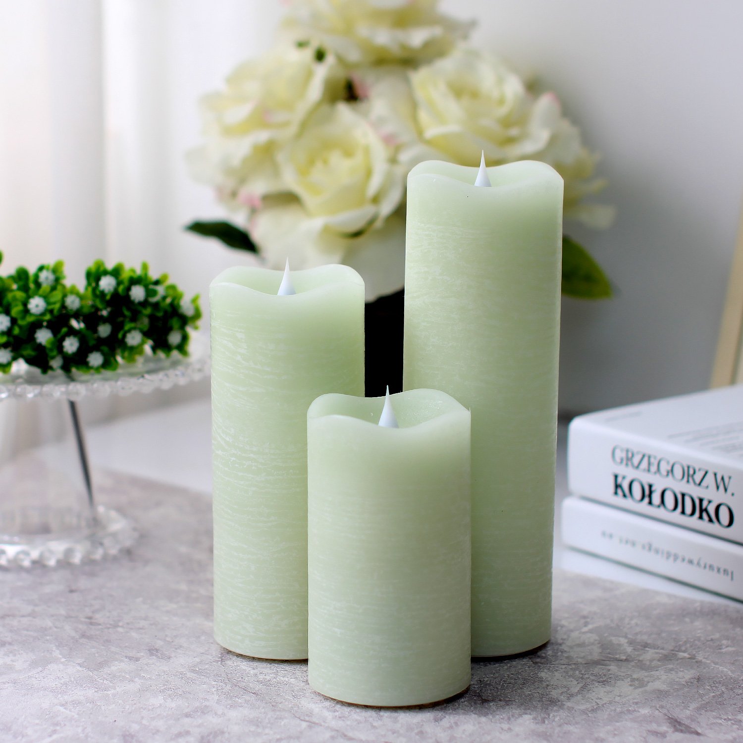 SIMPLUX SPX-000090 Flameless LED Moving Candle - Battery Operated with Timer, 3 x 5.25 Inches, Sage Green - Perfect for Home Decor, Weddings, and Romantic Dinners