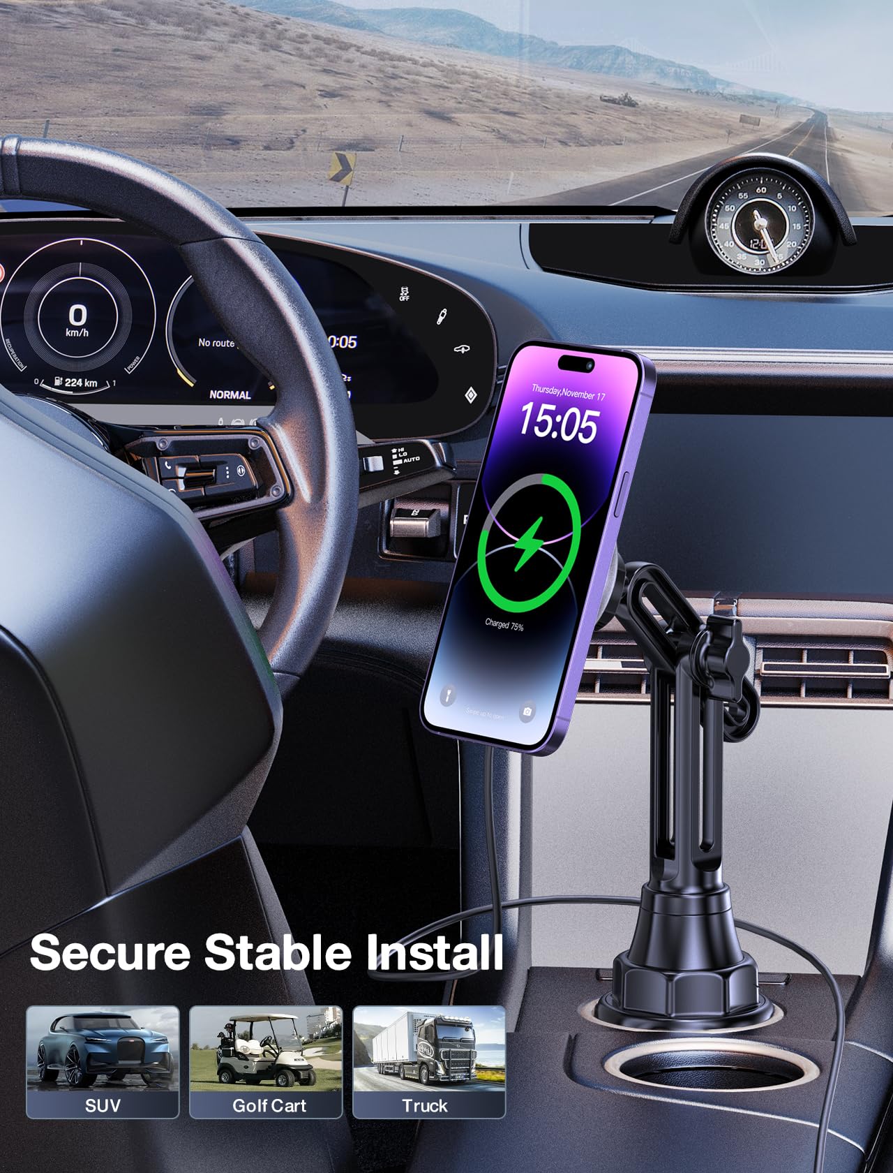 Magnetic Car Mount Wireless Charger - Fast Qi Charging Phone Holder for iPhone 16/15/14/13/12 - Colorful LED Car Cup Holder & Air Vent Mount - Perfect for Driving, Commuting & Road Trips