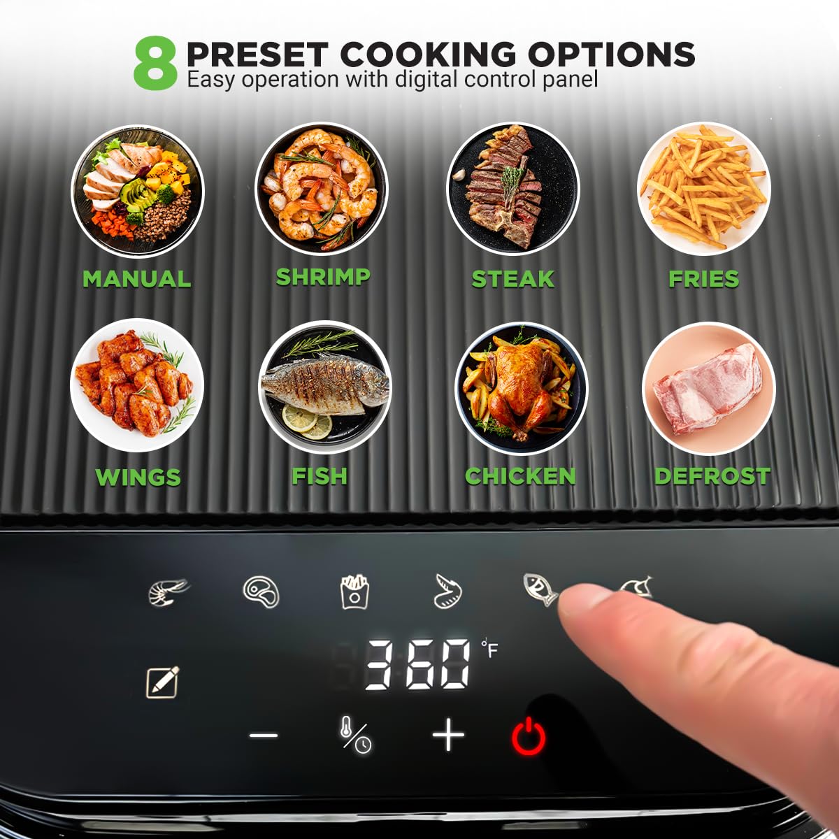 Nutrichef 5.8 Quart Air Fryer with 8 Preset Functions - Transparent Basket for Perfect Cooking - Fry, Bake, Roast Chicken, Steak, Shrimp & Vegetables - Digital Timer & Temperature Control - Ideal for Family Meals, Parties & Healthy Snacks - Black