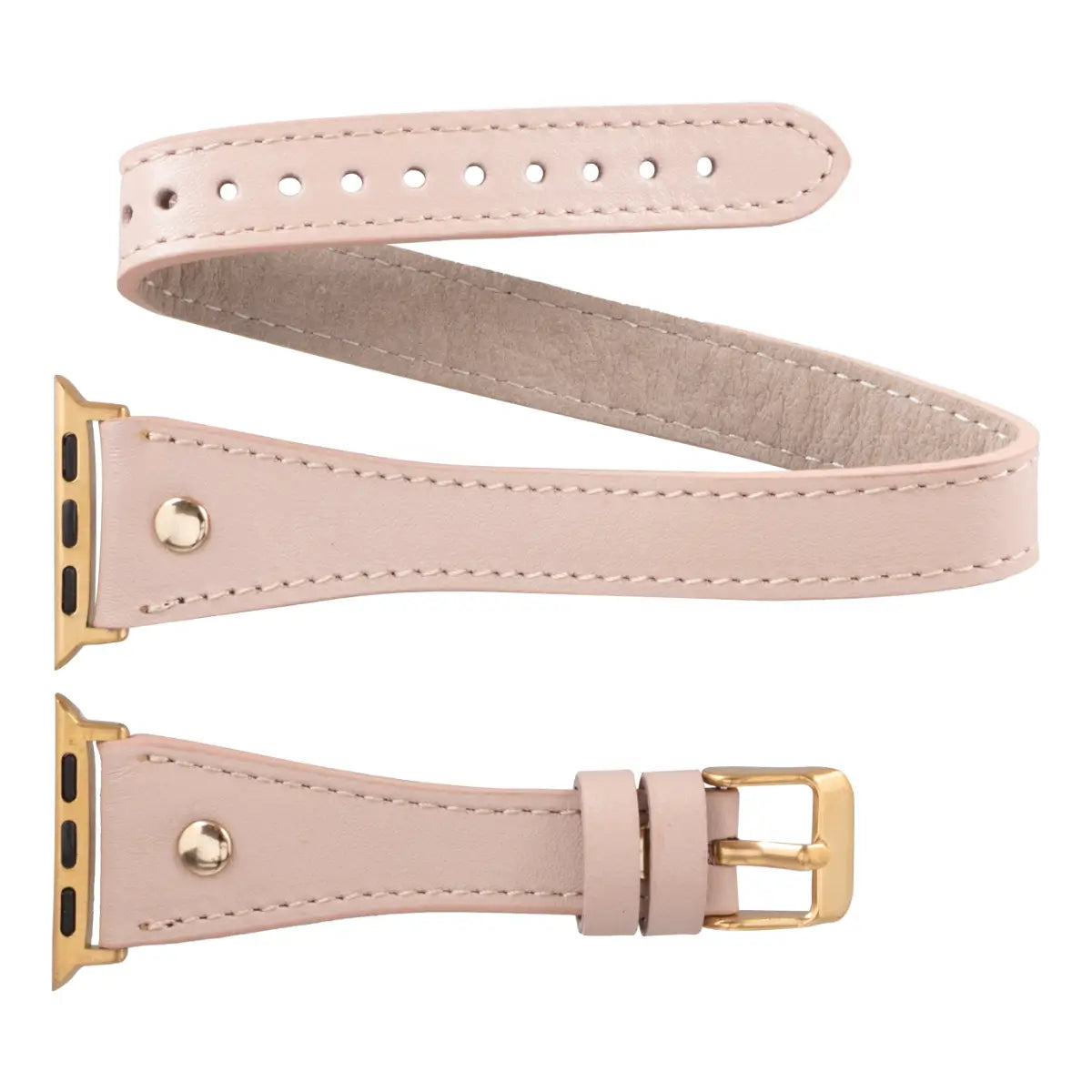 Elegant Nude Leather Double Tour Slim Apple Watch Band with Gold Rivet - Perfect for Work, Casual & Formal Occasions