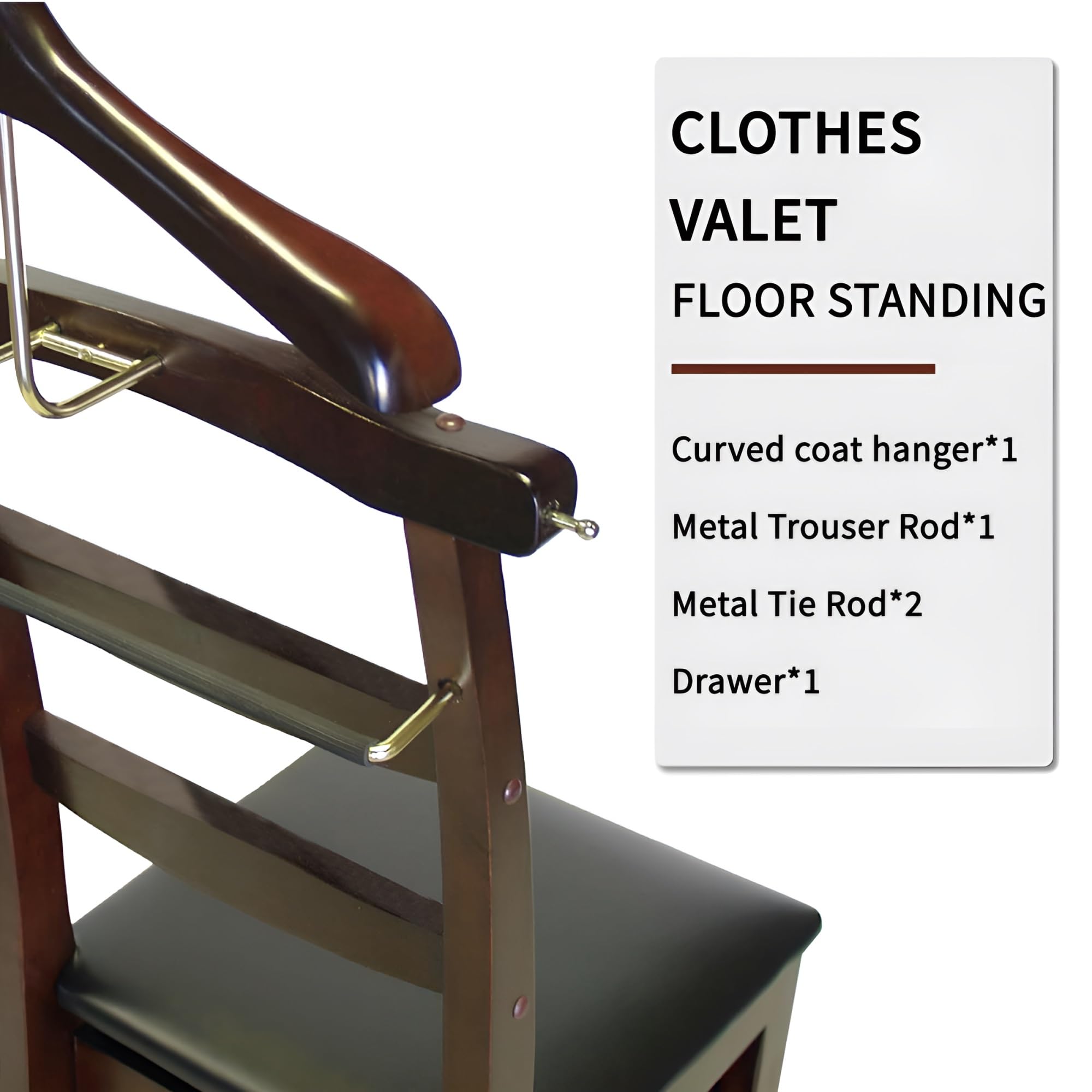 Premium Wooden Valet Stand with Drawer - Suit Valet Stand for Men & Women, Freestanding Closet Organizer with Trouser Bar & Tie Bar - Perfect for Bedroom, Closet & Dressing Room Organization