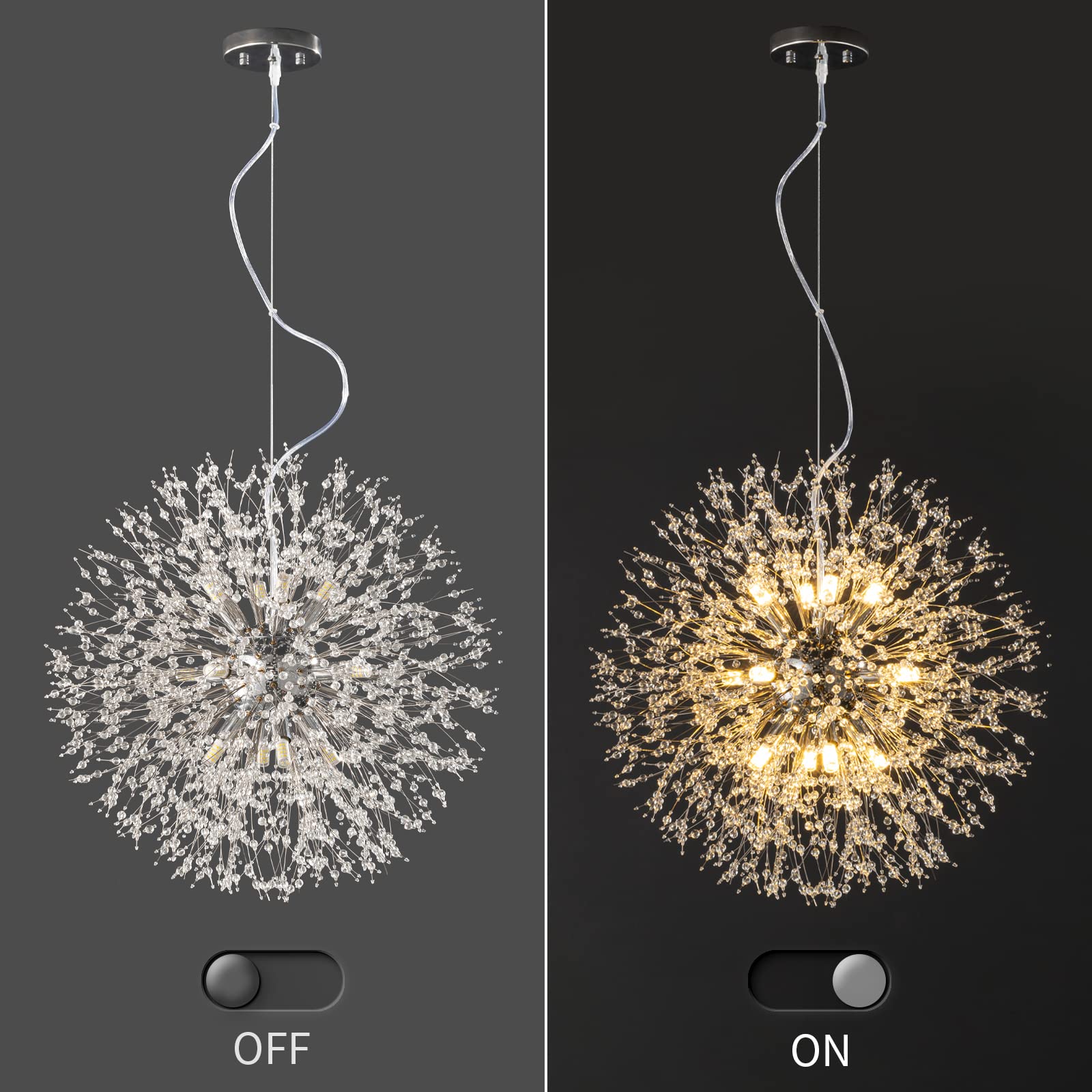 Modern Firework Dandelion Sputnik Chandelier - 12-Light Crystal Chrome Pendant Lighting Fixture for Kitchen Island, Dining Room, Bedroom & Living Room | Elegant Ceiling Decor for Home & Restaurant Lighting