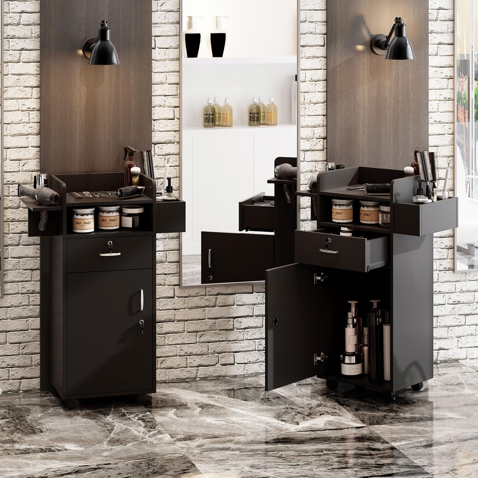 Professional Salon Station Cart with Locking Drawers & 3 Tool Holsters - Versatile Mobile Storage Trolley for Hair Stylists, Home Salons & Spas (15.7