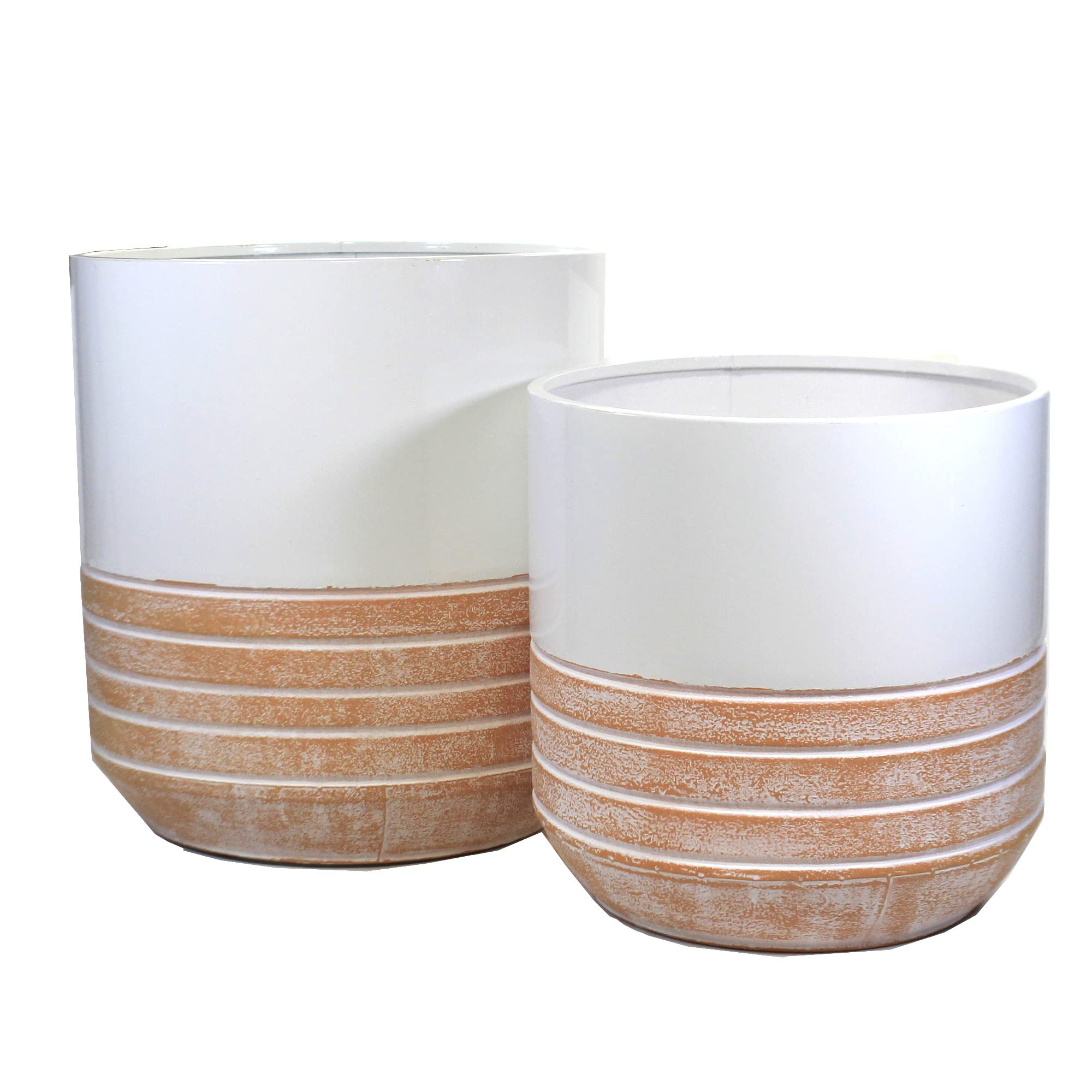 White & Terracotta Striped Metal Enamel Planters Set of 2 - 11.75 Inch Indoor Home Decor Flower Pots - Modern Boho Planter for Living Room, Bedroom, or Office Decor