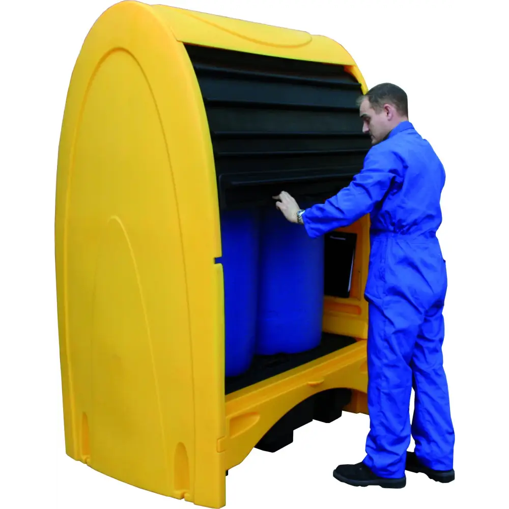 Durable Covered Drum Storage System - Weatherproof & Secure Outdoor Storage for Chemicals, Water, and Waste - Perfect for Industrial, Farm, and Garage Use
