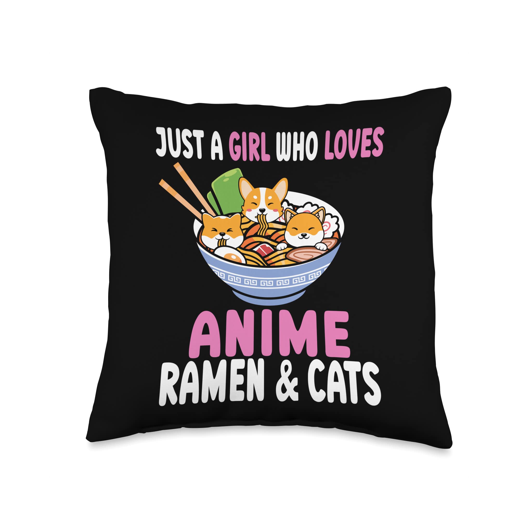 Anime Ramen & Cats Manga Kawaii Girl Throw Pillow 16x16 - Cute Japanese Pop Culture Decor for Bedroom, Living Room, Dorm - Perfect Gift for Anime Fans & Otaku