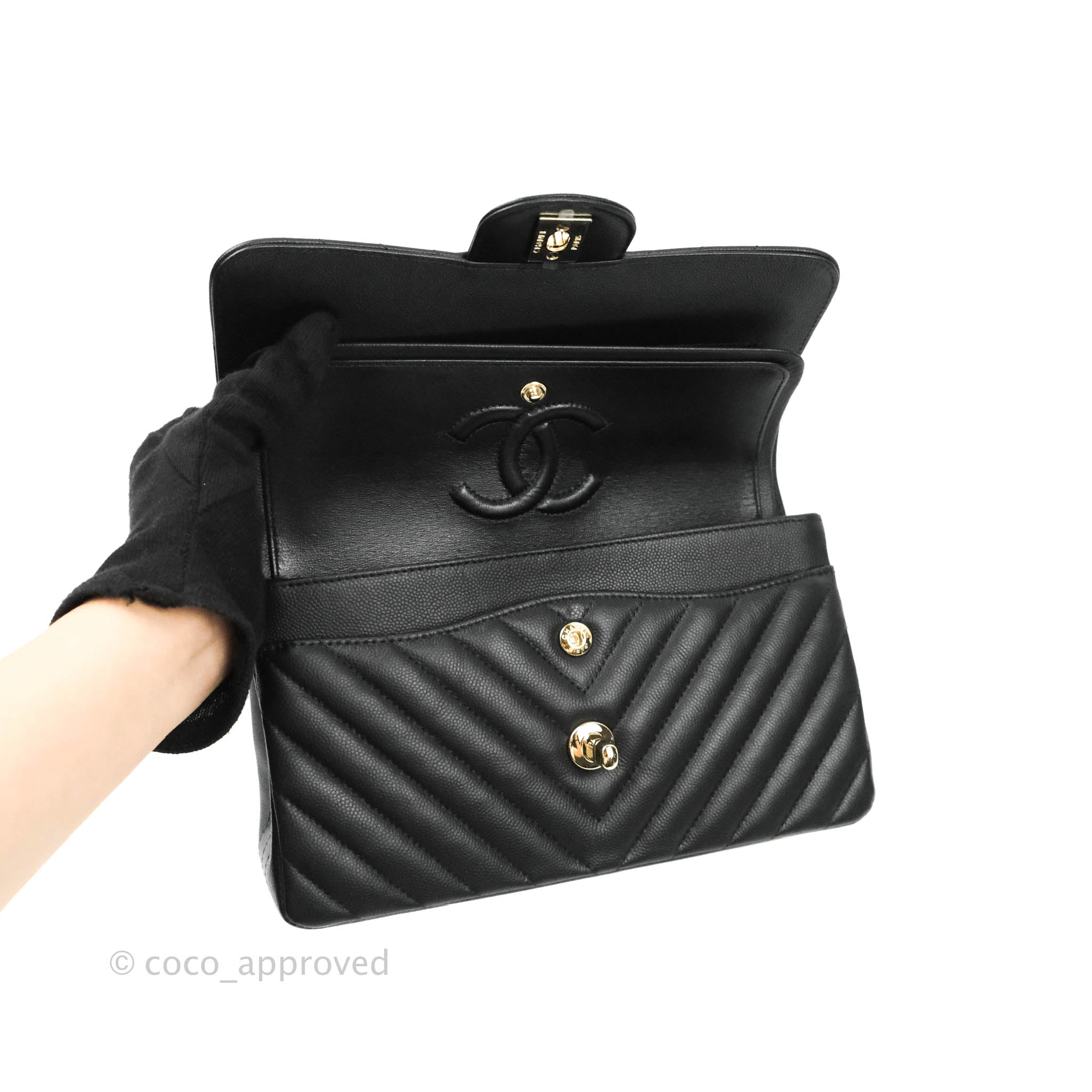 Chanel Classic Chevron Small Medium Double Flap Bag Black Caviar Leather Gold Hardware - Luxury Handbag for Women, Perfect for Parties, Work & Everyday Use