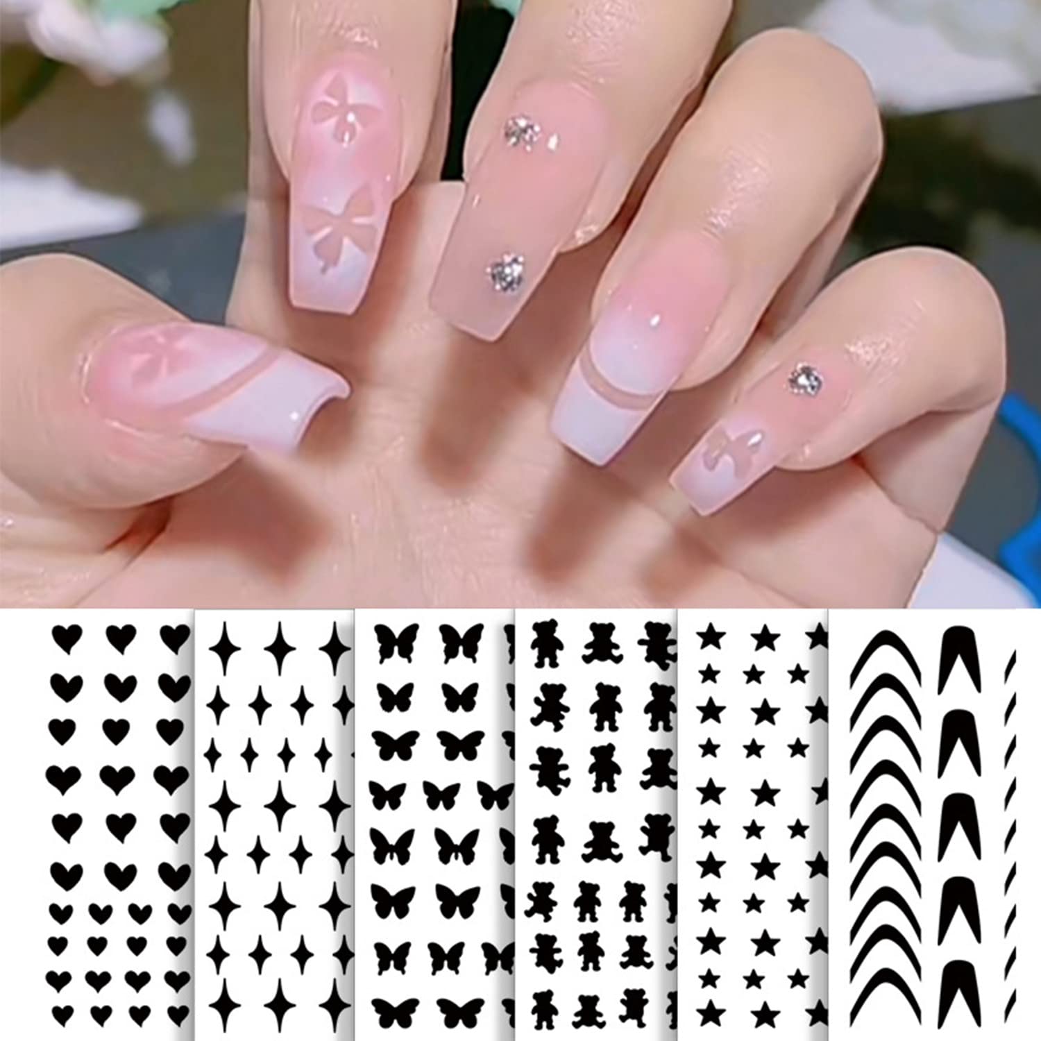 CXUEMH 12 Sheets Reusable DIY Nail Stencils - Hollow Vinyl Stickers for Nail Art Designs (Stars, Bears, Butterfly, French Tips) - Professional Nail Decorations for Manicure & Salon Use - Perfect for Home DIY, Nail Parties & Professional Nail Artists (Black)