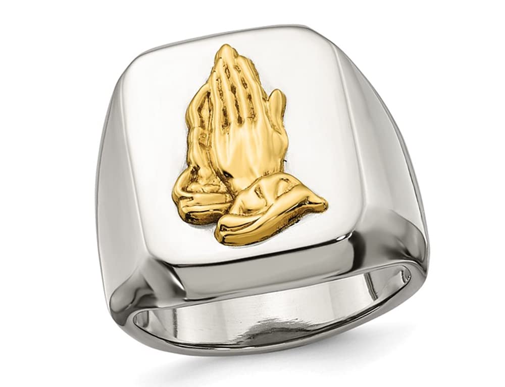 Gem And Harmony Men's Praying Hands Polished Stainless Steel Ring - Religious Jewelry for Men, Durable & Stylish Wedding Band - Perfect for Church, Daily Wear & Gifts