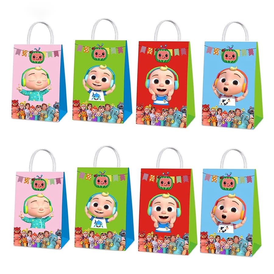 16 Pack Cocomelon Party Favor Bags - Colorful Paper Tote Bags for Kids Birthday Party Supplies, Candy Bags, Decorations & Goodie Bags - Perfect for Birthday Parties, Baby Showers & School Events