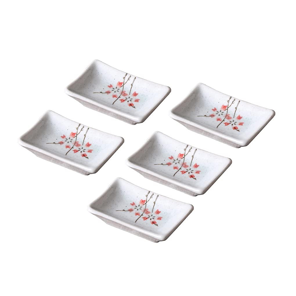 5-Piece Hand-Painted Sakura Porcelain Rectangular Side Dishes - Perfect for Sushi Soy Sauce, Seasoning Bowls & Japanese Dining Decor