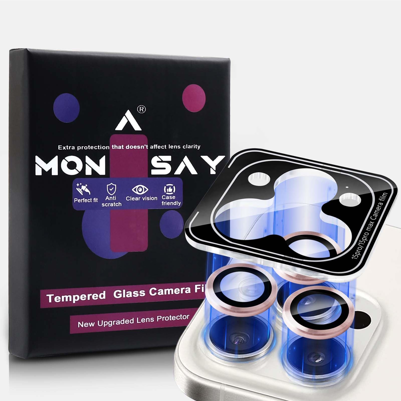 MONASAY iPhone 15 Pro & Pro Max Camera Lens Protector - 9H Tempered Glass with Strong Adhesion & Auto-Alignment, Anti-Scratch Metal Frame Protection - Pink | Perfect for Outdoor Adventures, Travel & Daily Use