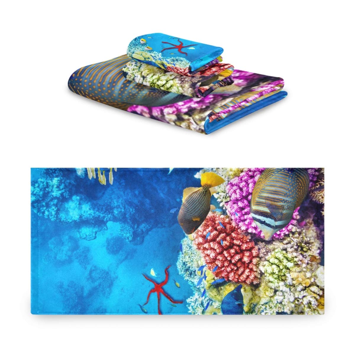 Premium Soft Ocean Sea Tropical Fish Towel Set - 1 Bath Towel, 1 Hand Towel, 1 Washcloth - Ultra Absorbent & Quick Dry for Bathroom, Hotel, Spa & Beach Vacation