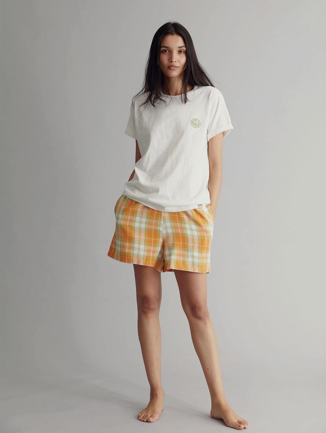 Jim Jam Organic Cotton Pajama Short Set - Breathable & Comfortable Sleepwear for Women & Men | Off White & Orange Check Plaid | Perfect for Summer Nights, Lounging & Travel