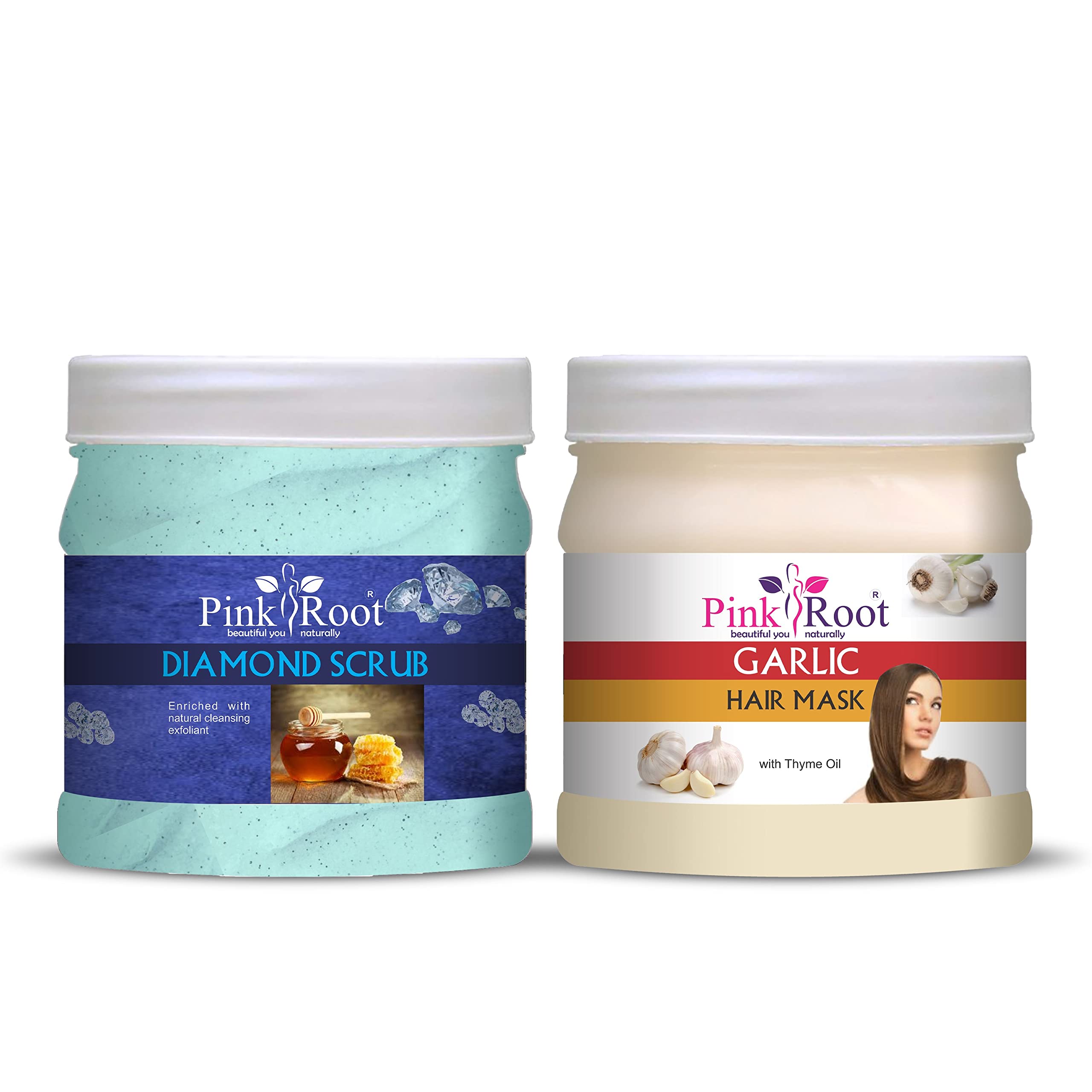 Pink Root Diamond Hair Scrub 500g with Garlic Hair Mask 500g - Natural Hair Growth Treatment for Dry & Damaged Hair | Scalp Exfoliator & Deep Conditioning Set for Women & Men
