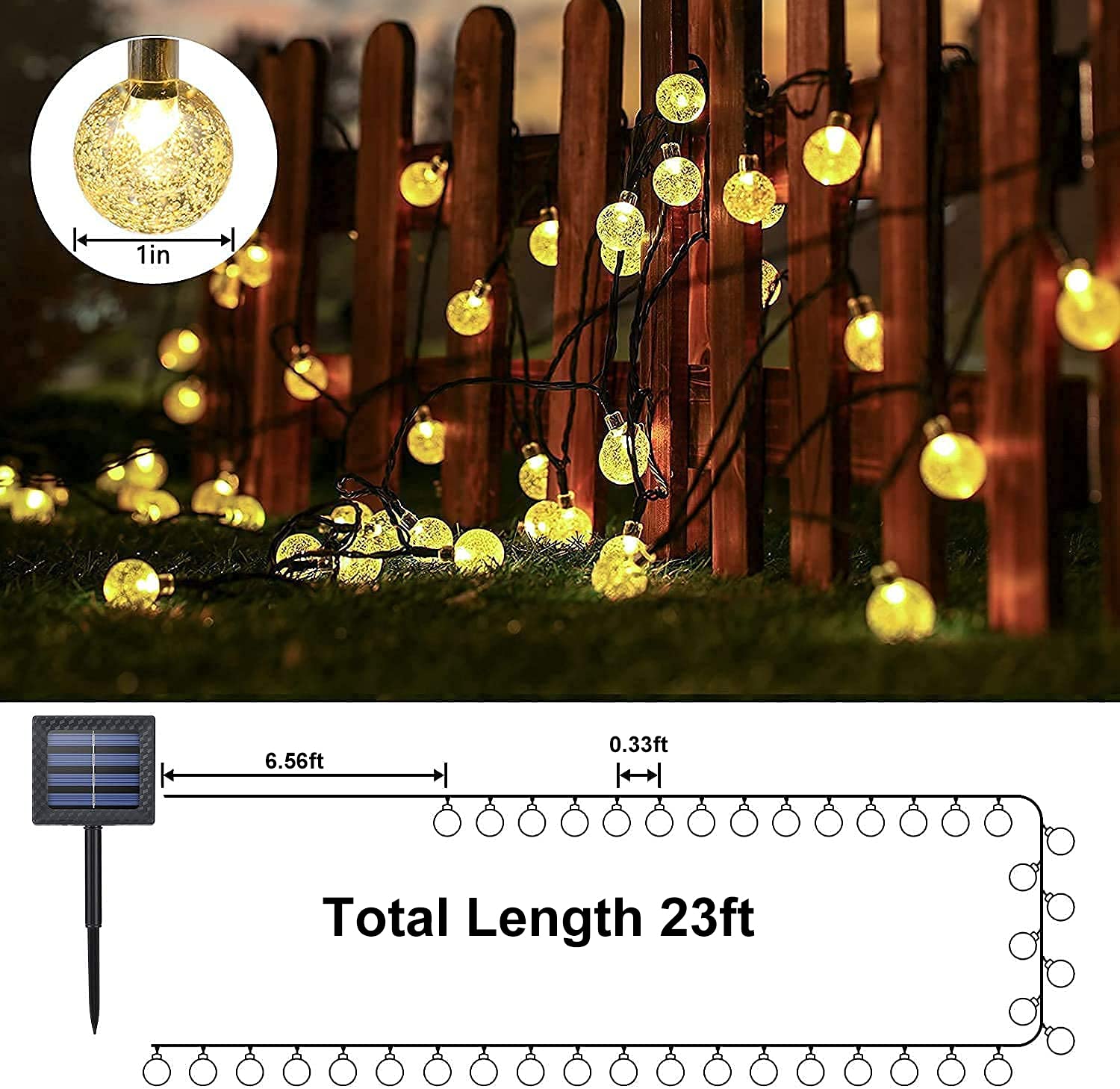 Lezonic 50LED Solar Crystal Globe String Lights - 8 Modes, 7M/24Ft Waterproof Outdoor Solar Lights for Garden, Patio, Yard, Christmas, Parties, Wedding (Warm White) | Perfect for Backyard Decor, Holiday Lighting, and Special Events