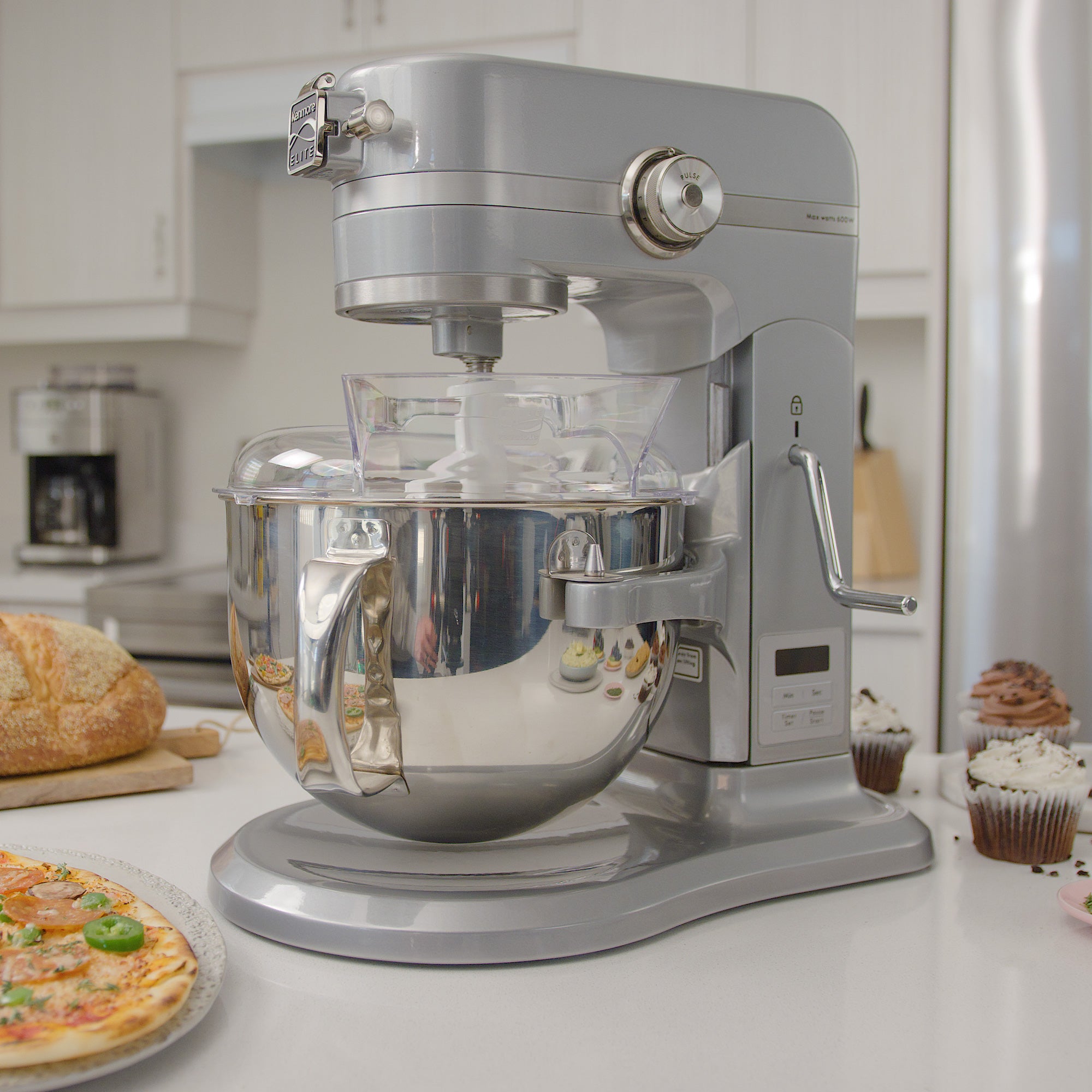 Kenmore Elite 600W Heavy Duty 6 Qt Stand Mixer with Stainless Steel Bowl - Includes Flat Beater, Dough Hook & Wire Whisk - Digital Timer & LED Light - Perfect for Baking Bread, Cookies & Cakes (Metallic Gray)