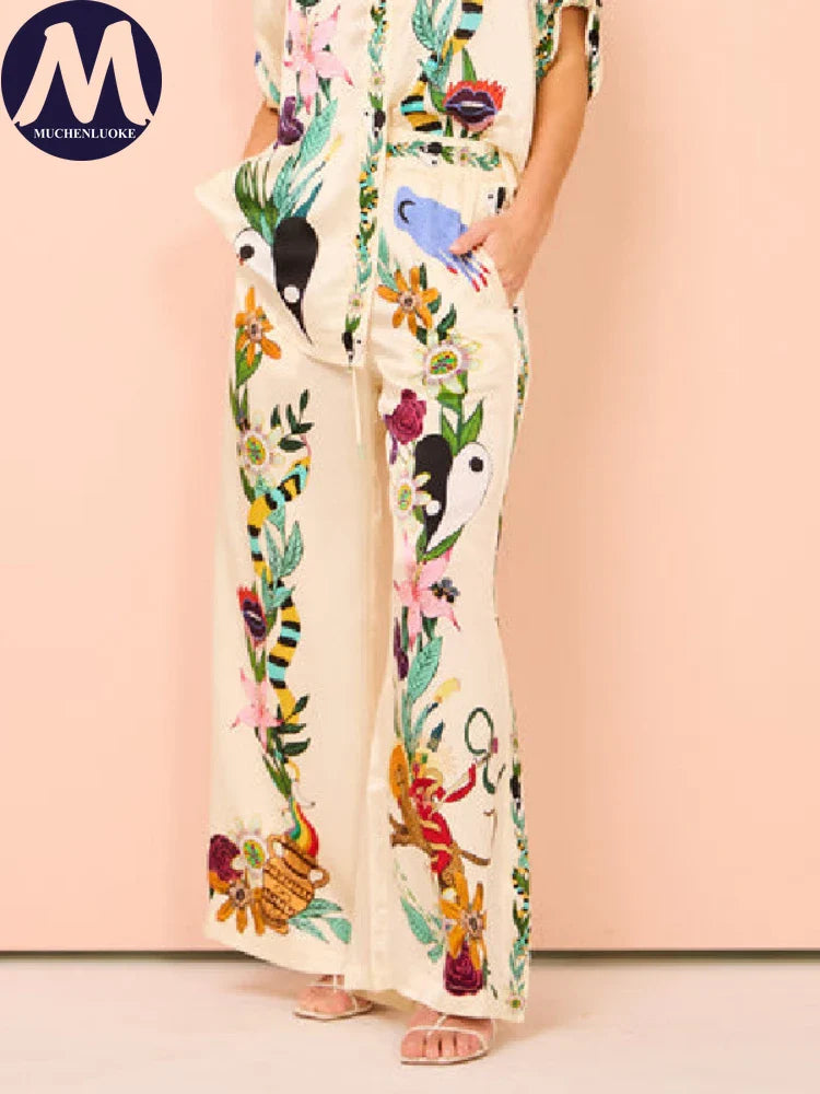 2 Piece Women's Outfit - Bohemian Print Half Sleeve Shirt & Wide Leg Pant Set | Summer Casual Loose Fit Matching Set for Beach, Vacation & Everyday Wear
