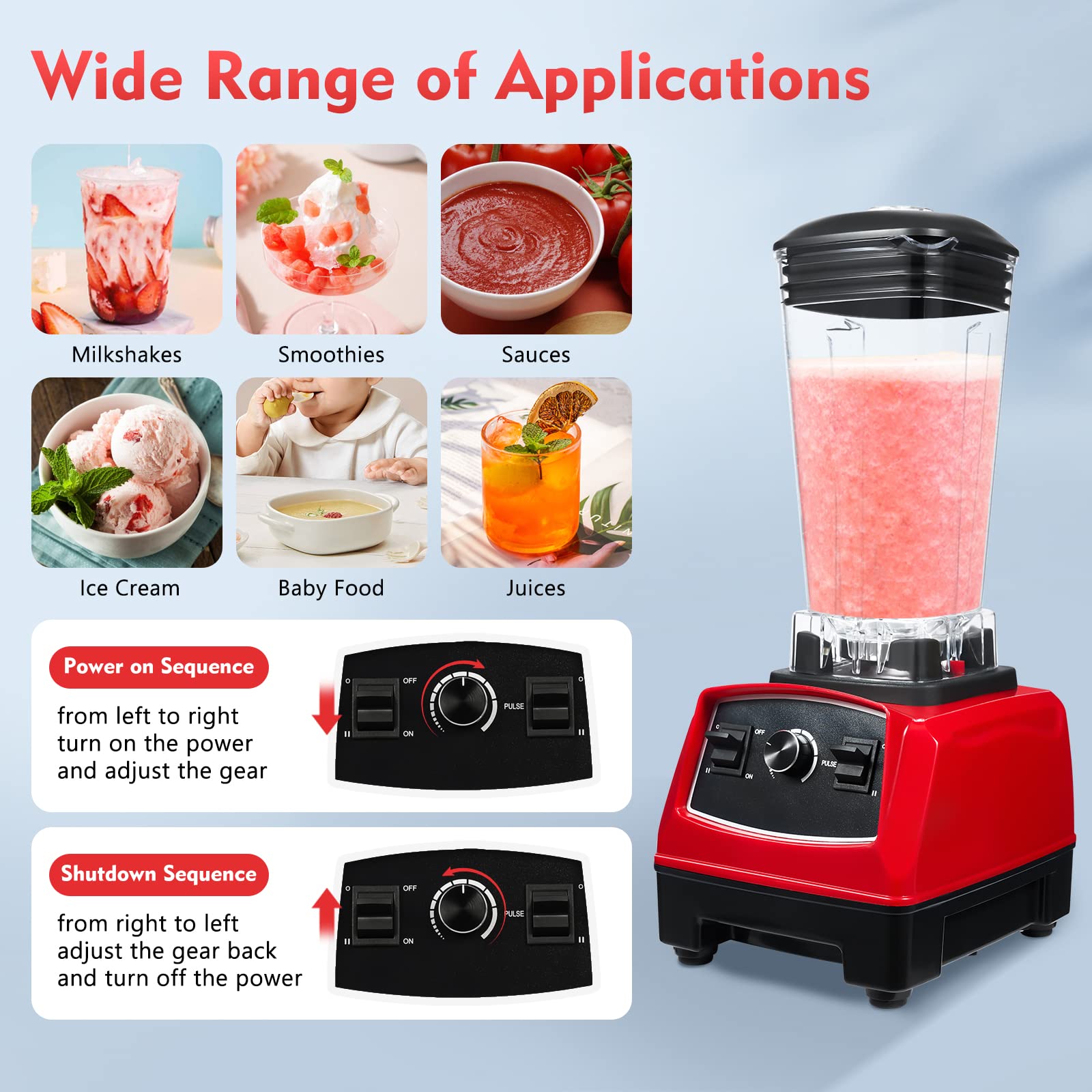 2200W Commercial Grade 2L Electric Countertop Blender - Heavy Duty Food Processor & Automatic Juicer with 10 Speed Settings - Perfect for Smoothies, Shakes, Baby Food & Kitchen Prep (Red)