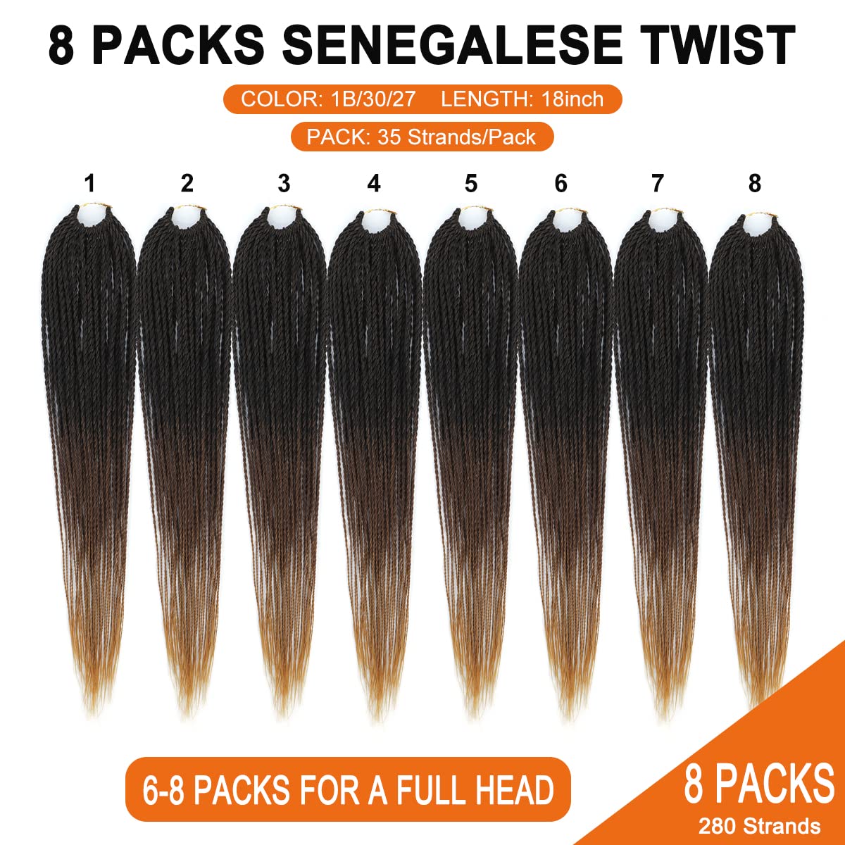 NAYOO 18 Inch Small Crochet Hair Senegalese Twist - 8 Packs Ombre Pre-Looped Crochet Braids (35 Strands/Pack) with Hot Water Setting - Natural Black Women's Protective Style for Everyday Wear & Special Occasions
