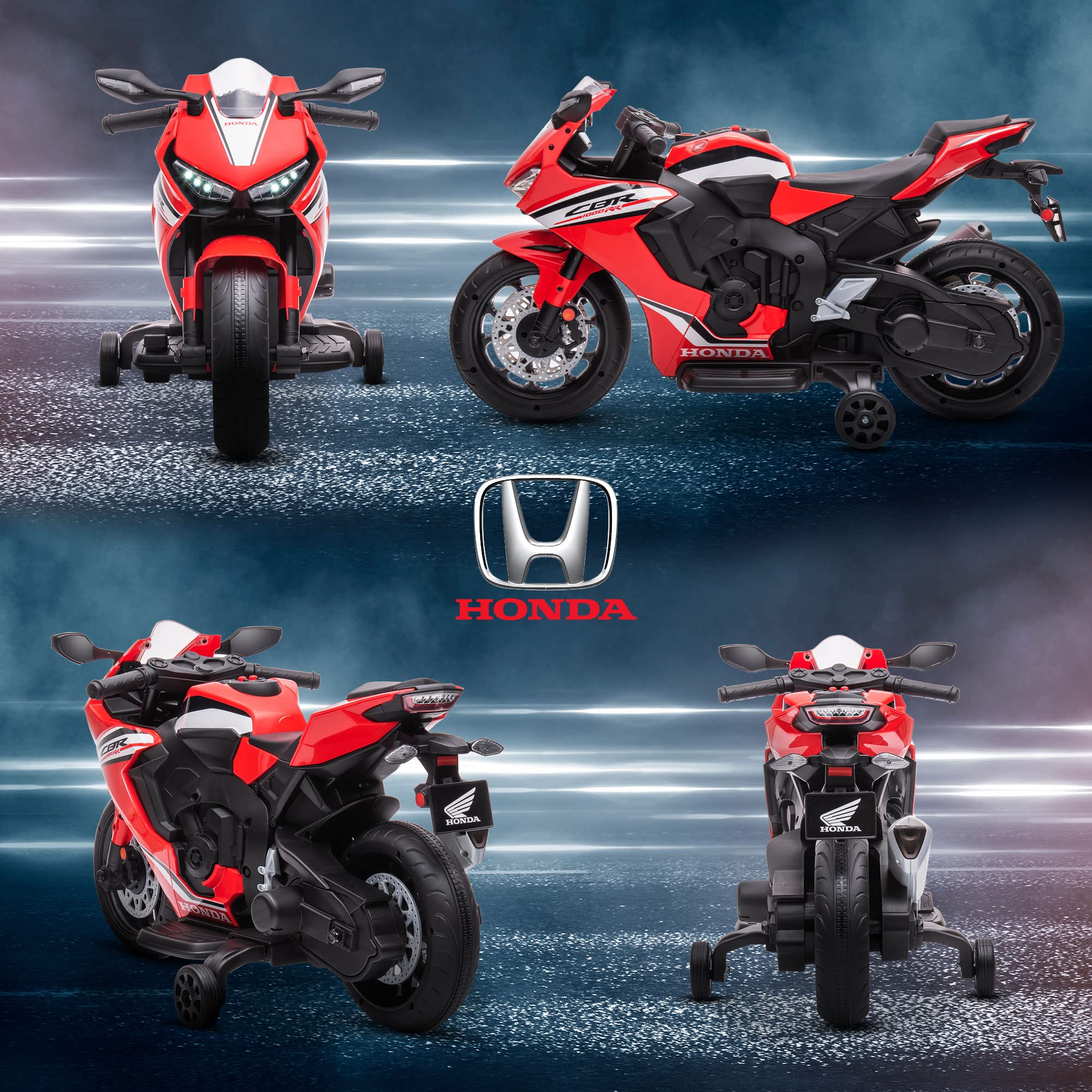 HOMCOM Licensed Honda-Style Electric Motorcycle for Kids 3-5 Years | 6V Battery-Powered Ride-On Toy with Headlight, Horn, Music & Removable Training Wheels | 30kg Weight Capacity 90x44x52cm | Red | Perfect for Birthday Gifts, Outdoor Play & Early Riding Skills Development