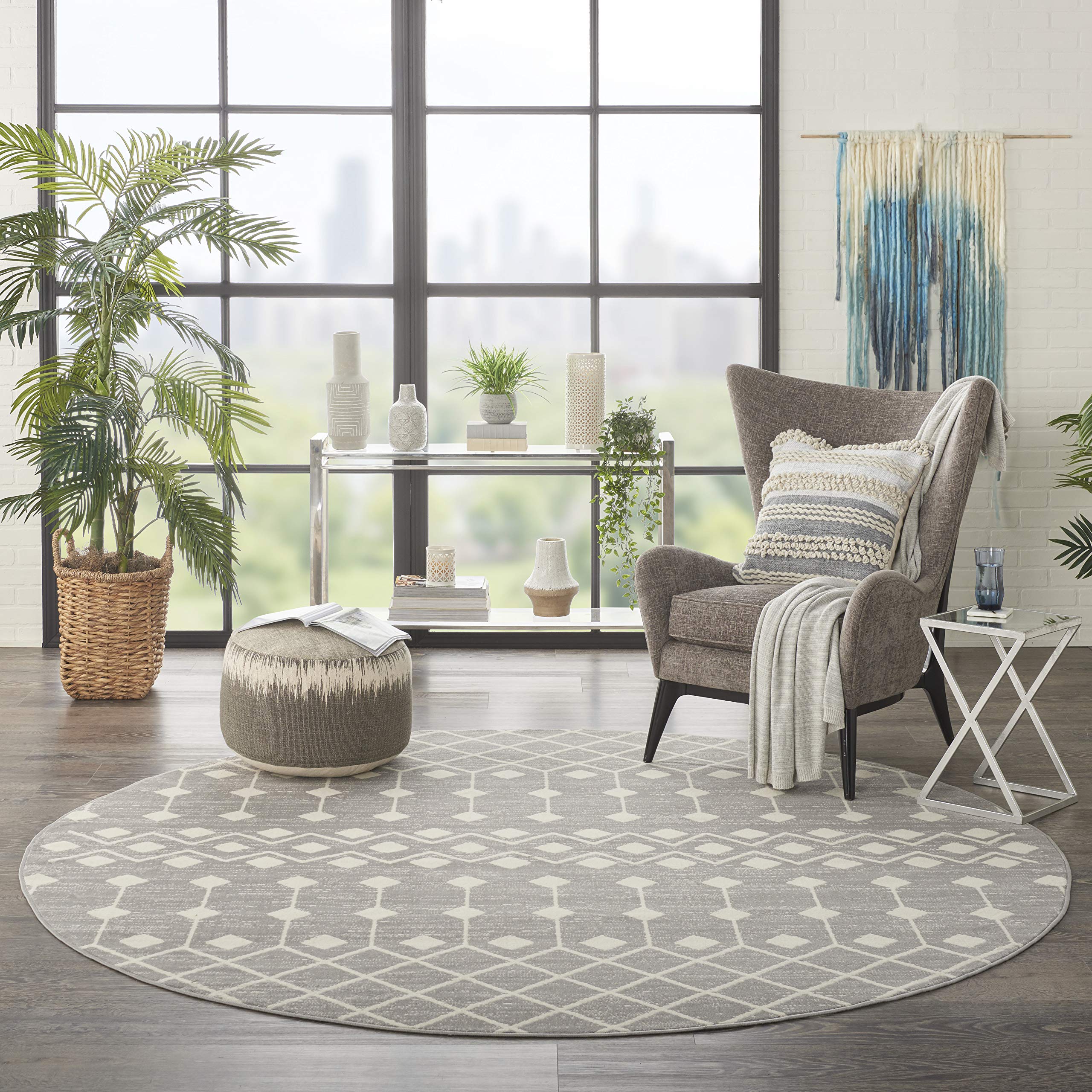Nourison Grafix Moroccan Grey 8' Round Area Rug - Easy to Clean, Non-Shedding - Perfect for Bedroom, Living Room, Dining Room & Kitchen Decor - Soft & Durable for Home, Office or Apartment Use