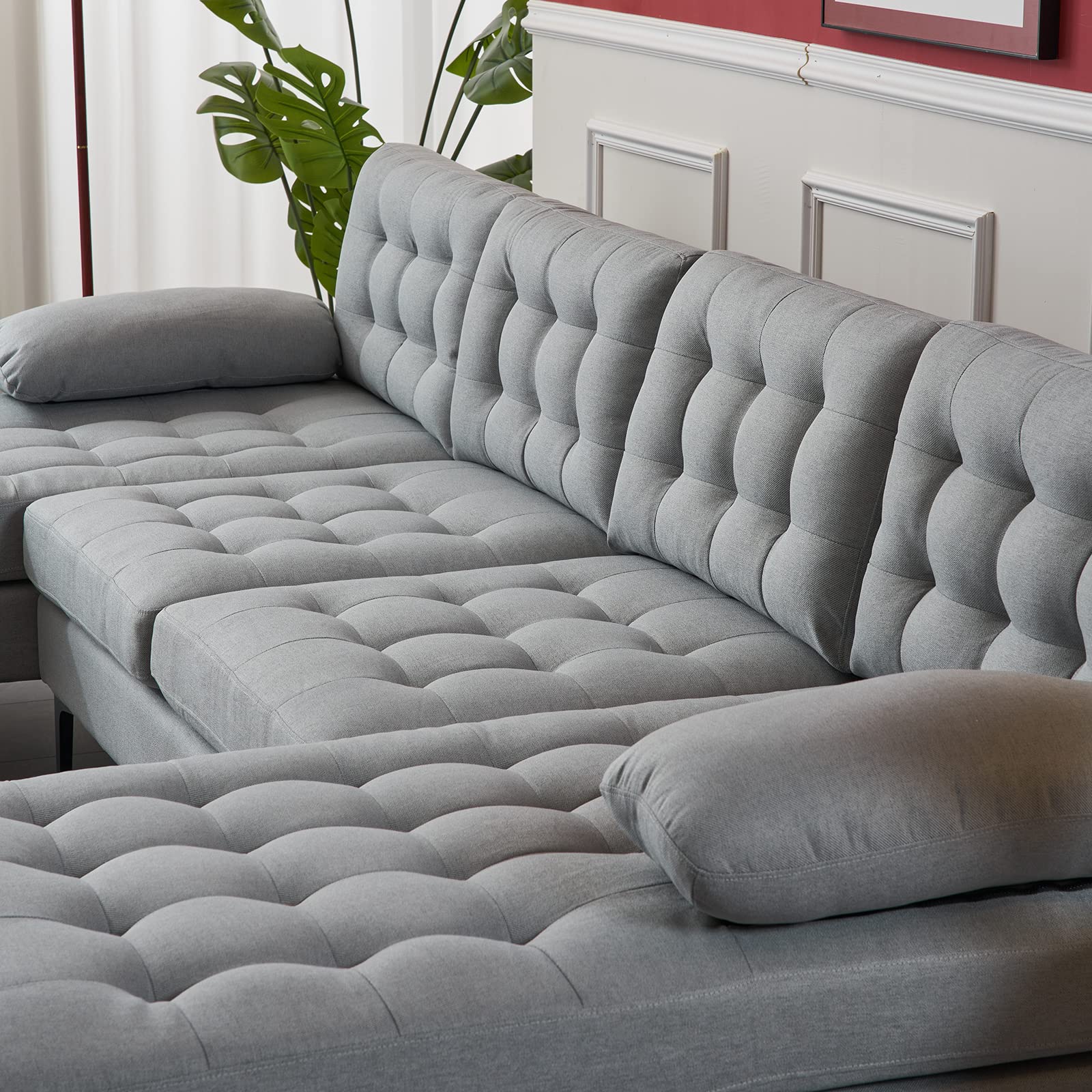 Pvillez Modern U-Shape Sectional Sofa with Double Chaise Lounge - Oversized Convertible Couch with Rolled Arms & Golden Legs for Living Room, Office | Perfect for Family Gatherings, Movie Nights & Home Entertainment