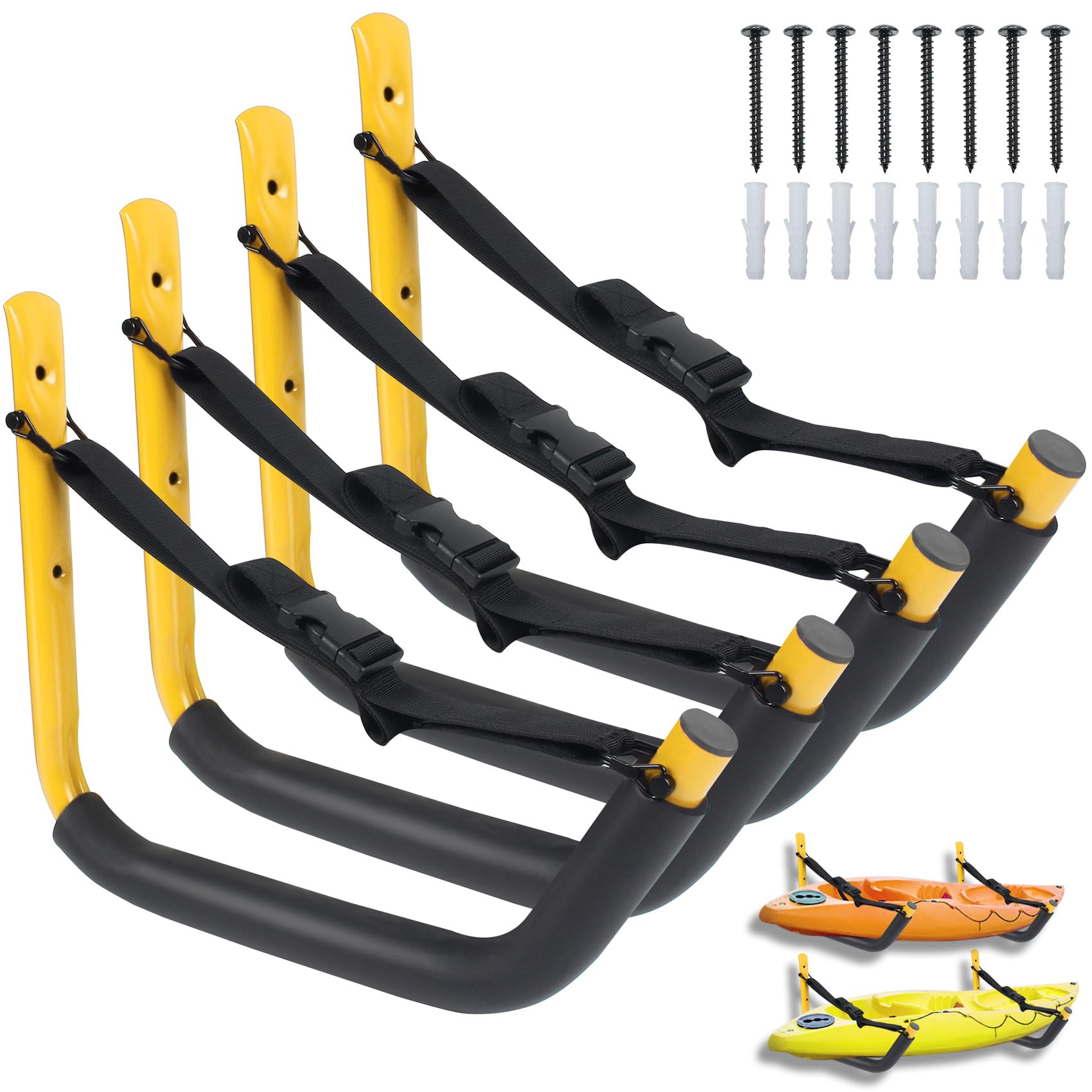 Heavy Duty Kayak Storage Rack Wall Mount - 4 Pack Garage & Outdoor Canoe, Surfboard, Snowboard, Paddle Board, Bike & Ladder Hanging Organizer (6 Color Options) - Perfect for Garage, Shed, Basement & Boat House Storage Solutions